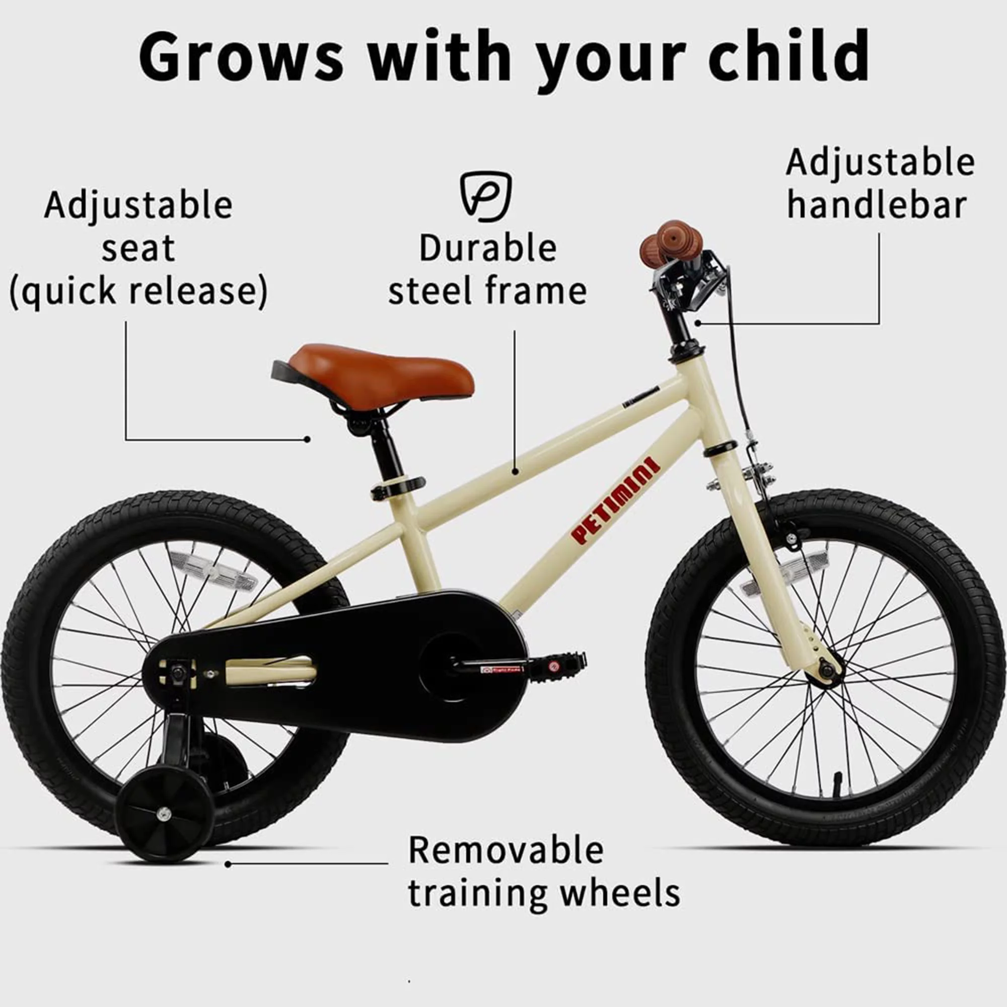 Petimini 16 Inch BMX Kids Bike w/ Training Wheels for 4-7 Years Old, Beige - Womvr