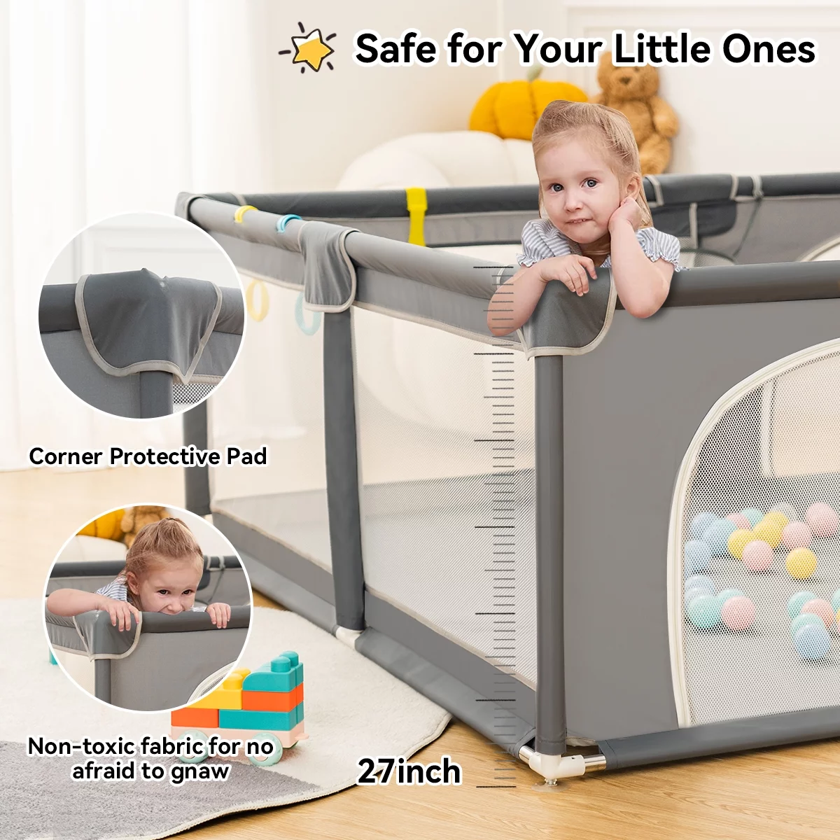 Baby Playpen, 63x63'' Large Baby Playard, Infant Activity Center with Anti-Slip Base, Gray - Womvr