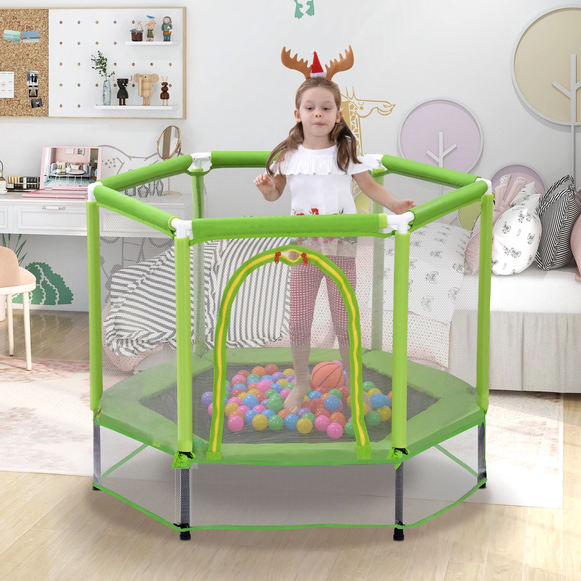 EUROCO  55'' Trampoline for Kids, Toddlers Trampoline with Enclosure Net and Balls, Mini Trampoline, Indoor & Outdoor Trampoline, Gifts for Kids, Baby Toddler Trampoline Toys, Green - Womvr