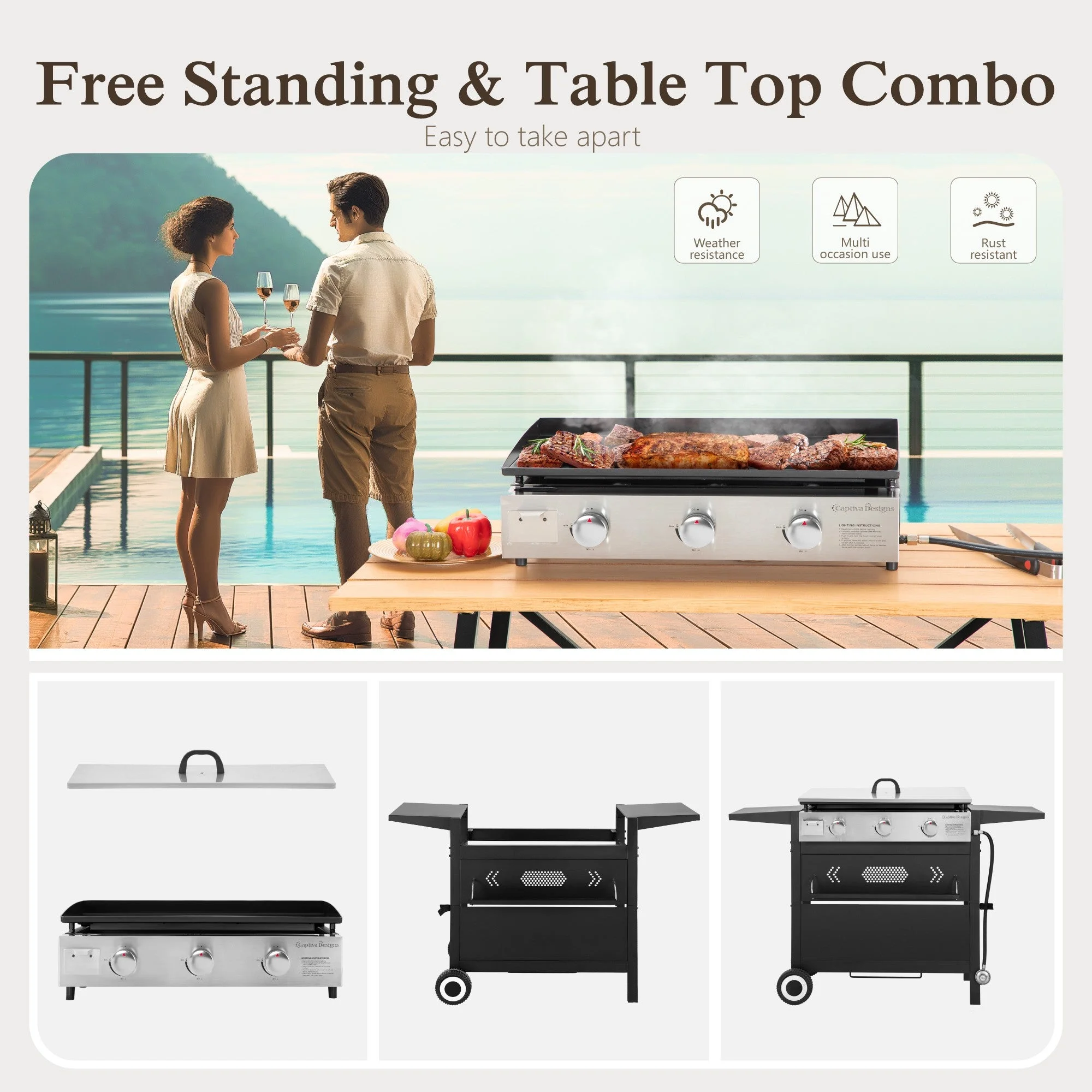 Alpha Joy 3-Burner Propane Gas Griddle Outdoor Flat Top Gas Grill Can Be Detached Table Top Griddle for Camping - Womvr