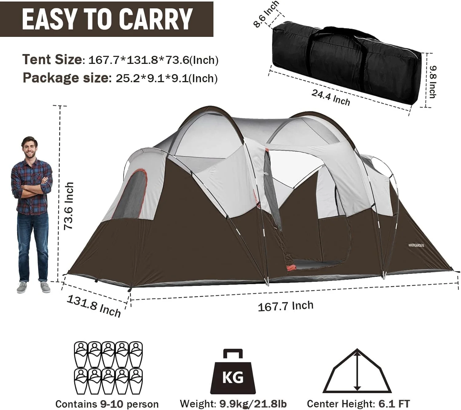 10 Person Camping Tent - Portable Easy Set Up Family Tent for Camp, Windproof Fabric Dome Tent Outdoor for Hiking, Backpacking, Traveling-14'x11'x74in(H) - Womvr