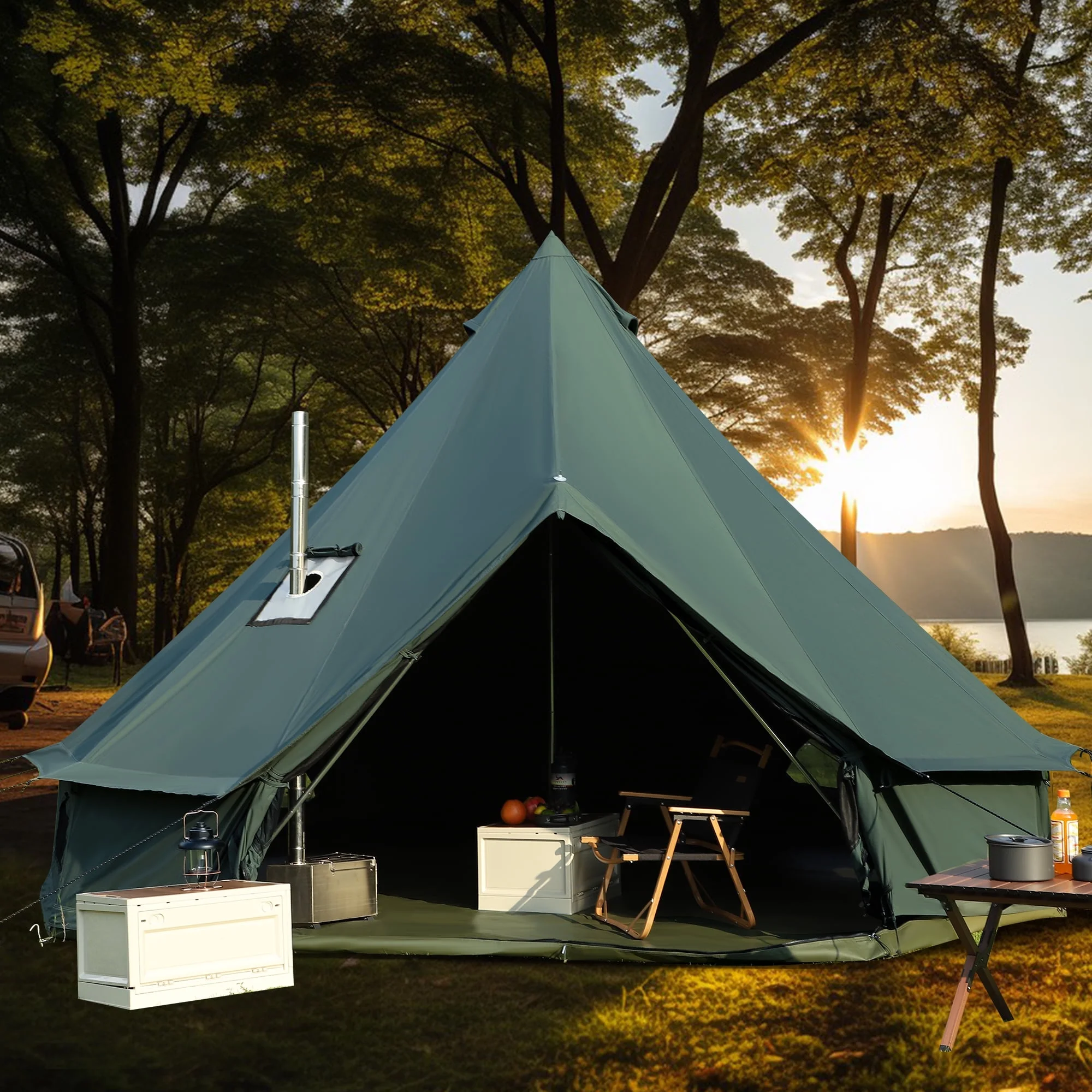 LVUYOYO Bell Tent for Camping, Cotton Canvas Bell Tent with Stove Jack, Outdoor Canvas Bell Tent for Family Glamping Camping, 4 Season Tent with Zipped Removable Floor,5M,Green - Womvr