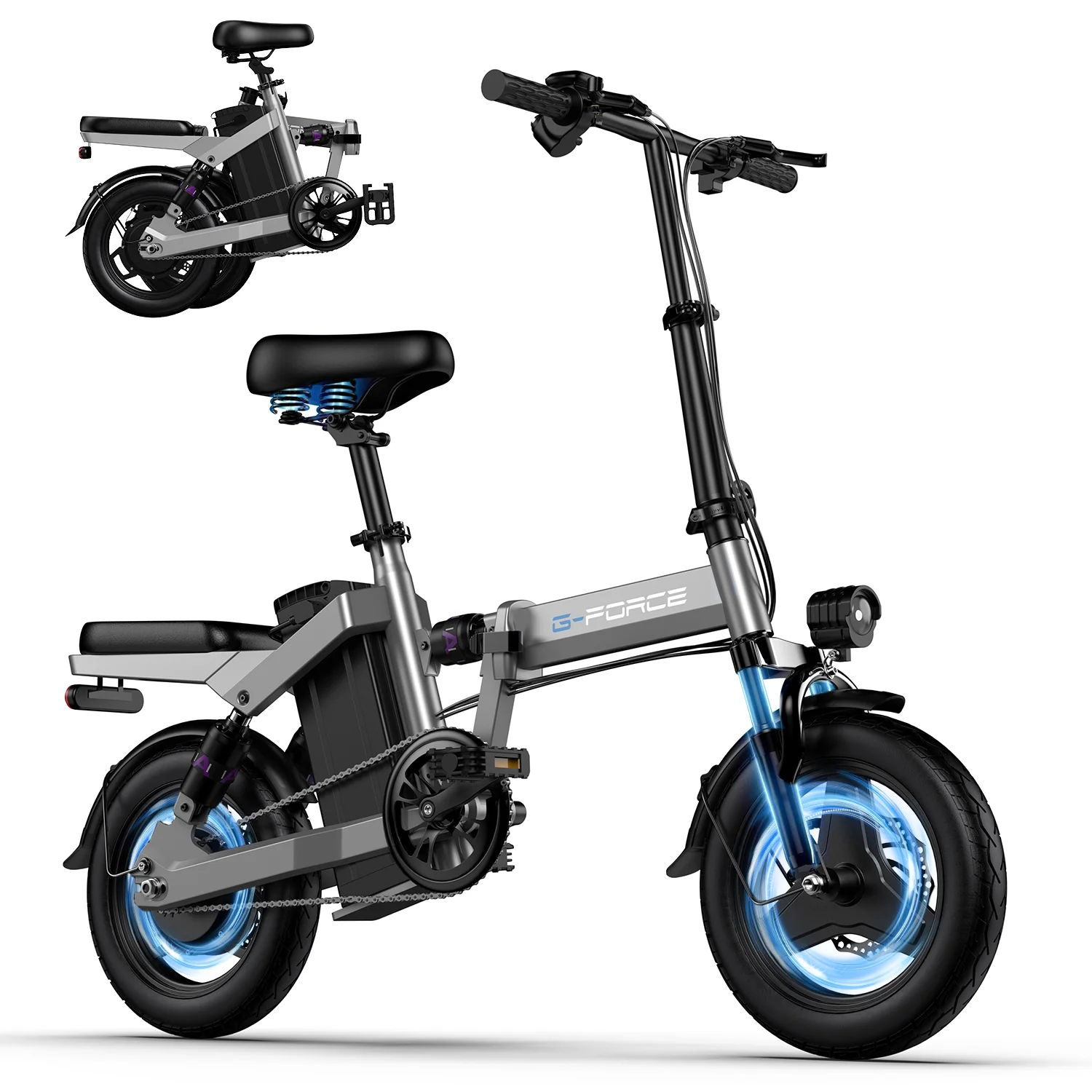 G-force 400W Folding E Bike 48V 15Ah 19.9MPH Electric Bike for Adults, 14” City Commuter Ebike Pedal Assist with Rear Shelf, Mini Ebike for Teens - Womvr