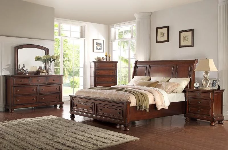 McFerran B608-EK Cherry Wood Finish Eastern King Platform Bedroom Set 4Pcs - Womvr