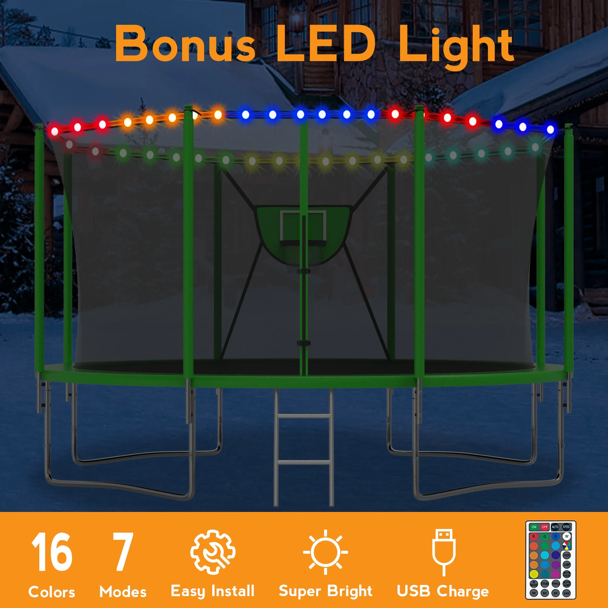 KOFUN Trampoline with Adjustable Basketball Hoop & Light, 1500lbs 10FT 12FT 14FT 16FT Trampoline for Adults and Kids, No Gap Design Backyard Trampoline with Enclosure Net, Ladder, Green - Womvr