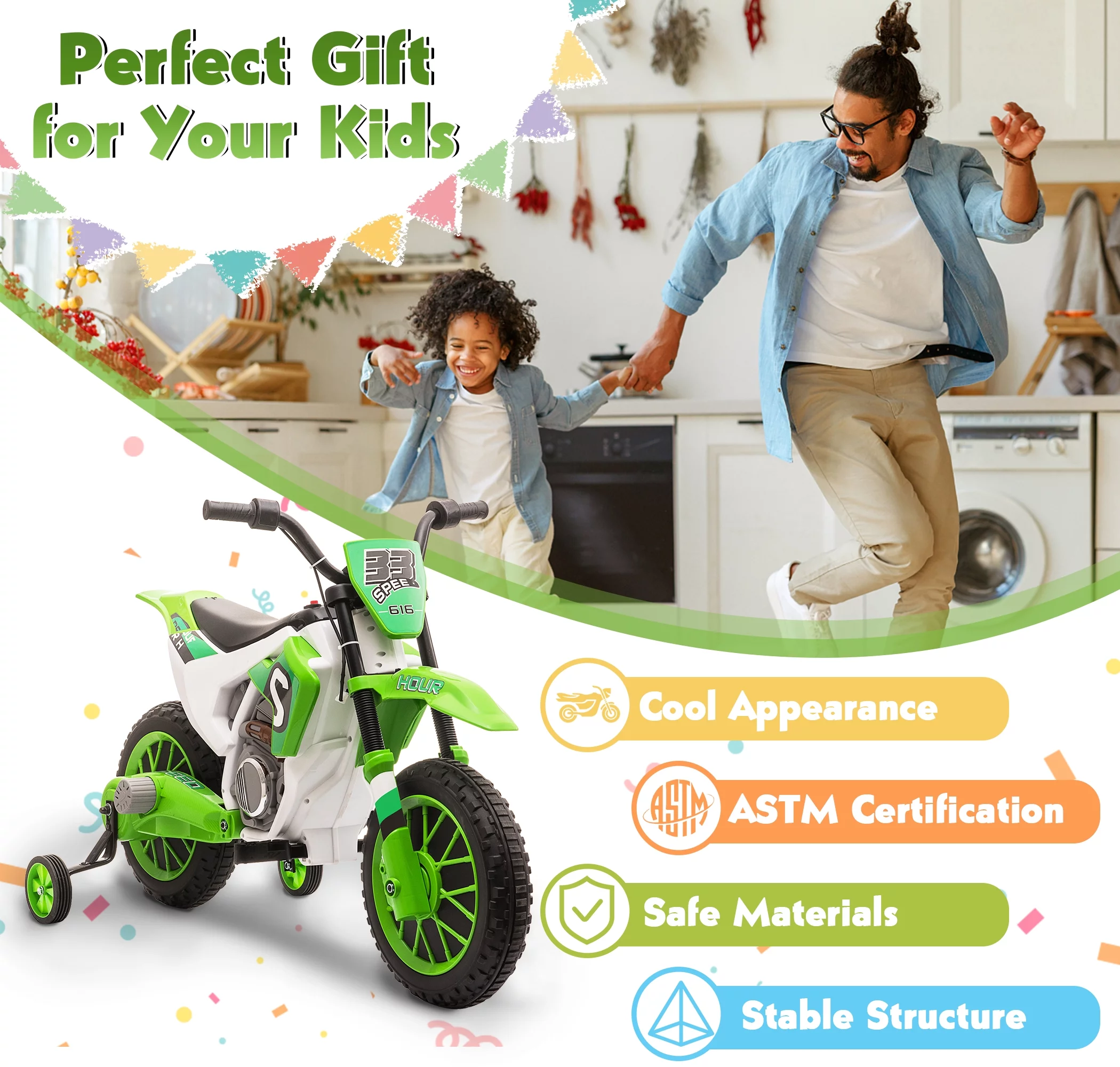 TOBBI 12V Kids Motorcycle off- Road Ride on Dirt Bike W/ Training Wheels, Age 3-8 Toddlers, Green - Womvr