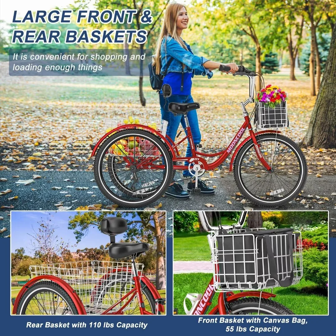 Docred Adult Tricycle 7 Speed 24 Inch Three Wheel Bike Cruiser Trike for Men/Women/Seniors - Womvr
