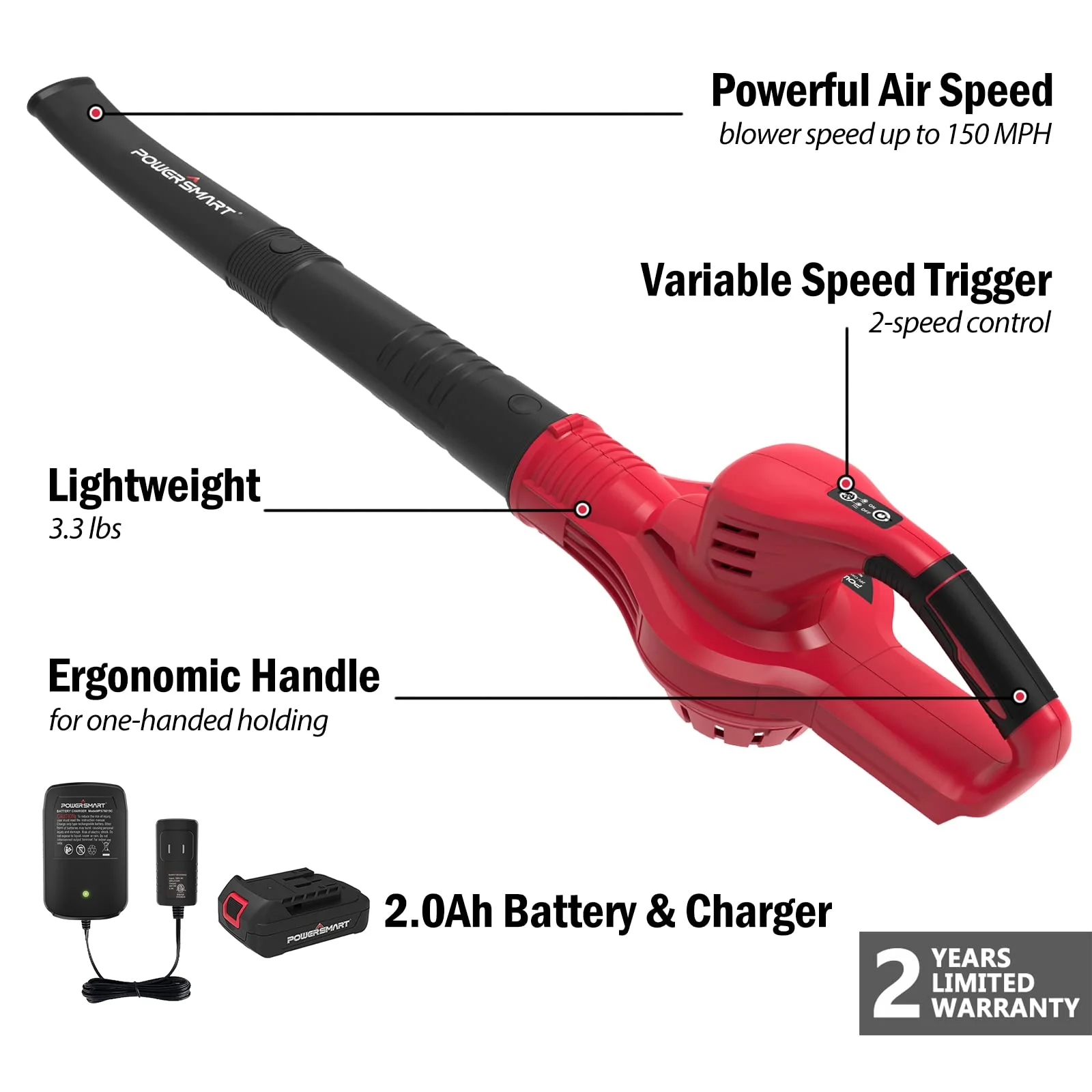 PowerSmart 20V Cordless Handheld Turbo Blower for Leaf/Snow/Dust Blowing, Outdoor Use, With One 2.0 Ah Batteries & One Charger - Womvr