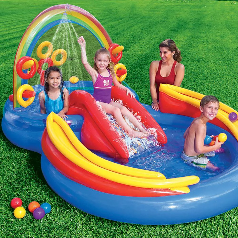 Intex 9.75ft x 6.3ft x 53in Rainbow Slide Kids Play Inflatable Pool Ring Center - Womvr
