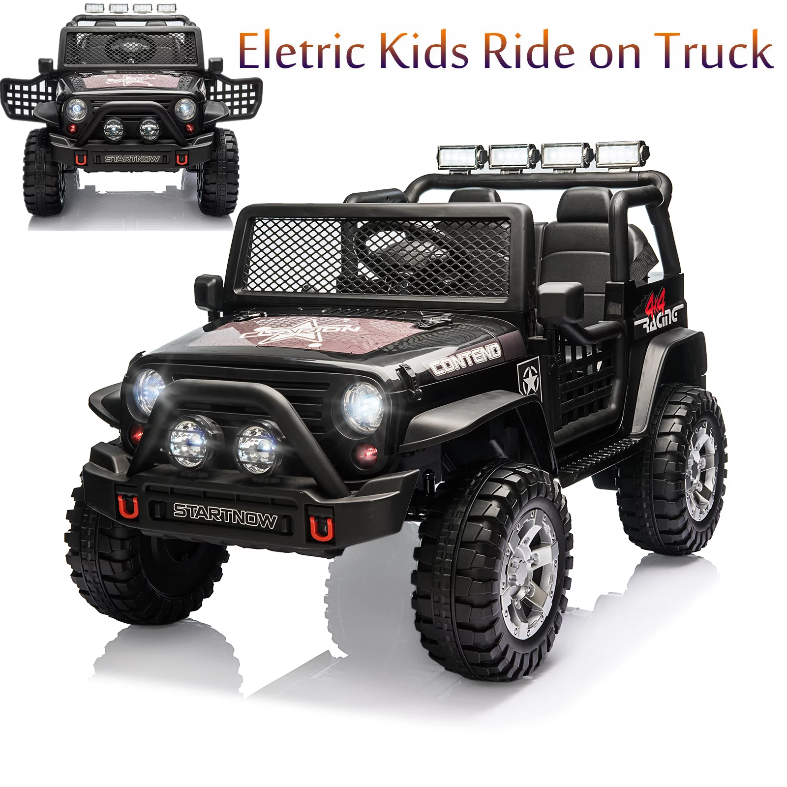 Dazone 12V Kids Ride on Jeep Car, Electric 2 Seats Off-road Jeep Ride on Truck Vehicle with Remote Control, LED Lights, MP3 Music, Black - Womvr