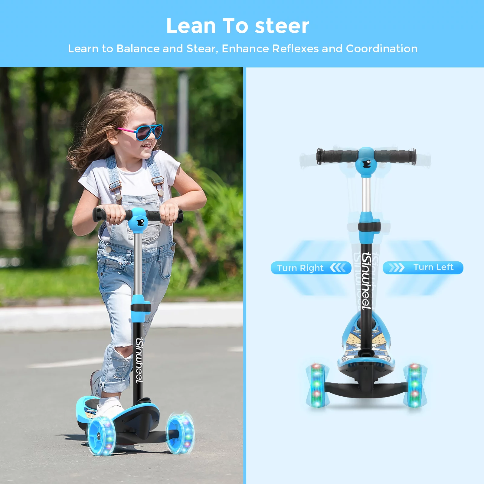 isinwheel Mini 2 in 1 Electric Scooter for Kids, 3 Wheel Electric Scooter, Height Adjustable Lean to Steer Kick Scooter with Flashing Wheels - Womvr
