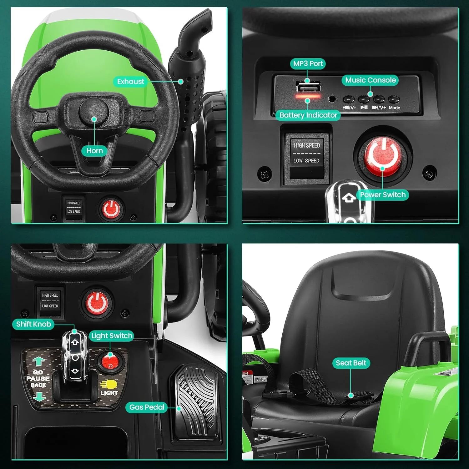 HNH 24V Ride on Toy,Kids Ride On Tractor with Trailer & Remote,Electric Car Toy with Bluetooth - Womvr