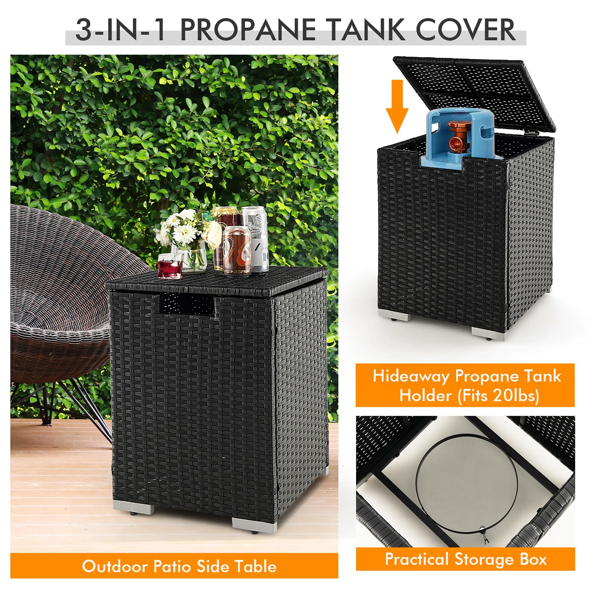 Gymax 32''x 20'' Propane Rattan Fire Pit Table Set w/ Side Table Tank & Cover 40,000 BTU - Womvr