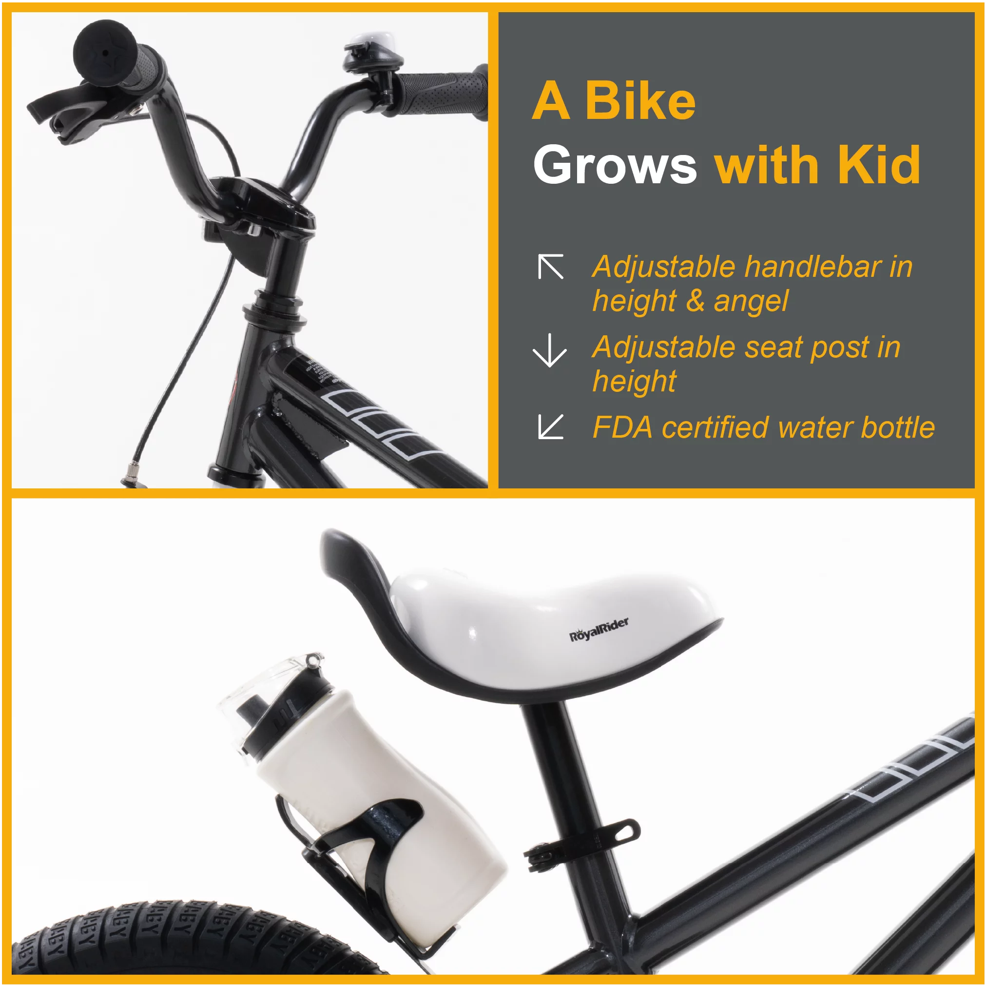 Royalbaby Boys Girls Kids Bike 12 In BMX Freestyle Black 2 Hand Brakes Bicycles with Training Wheels Child Bicycle - Womvr