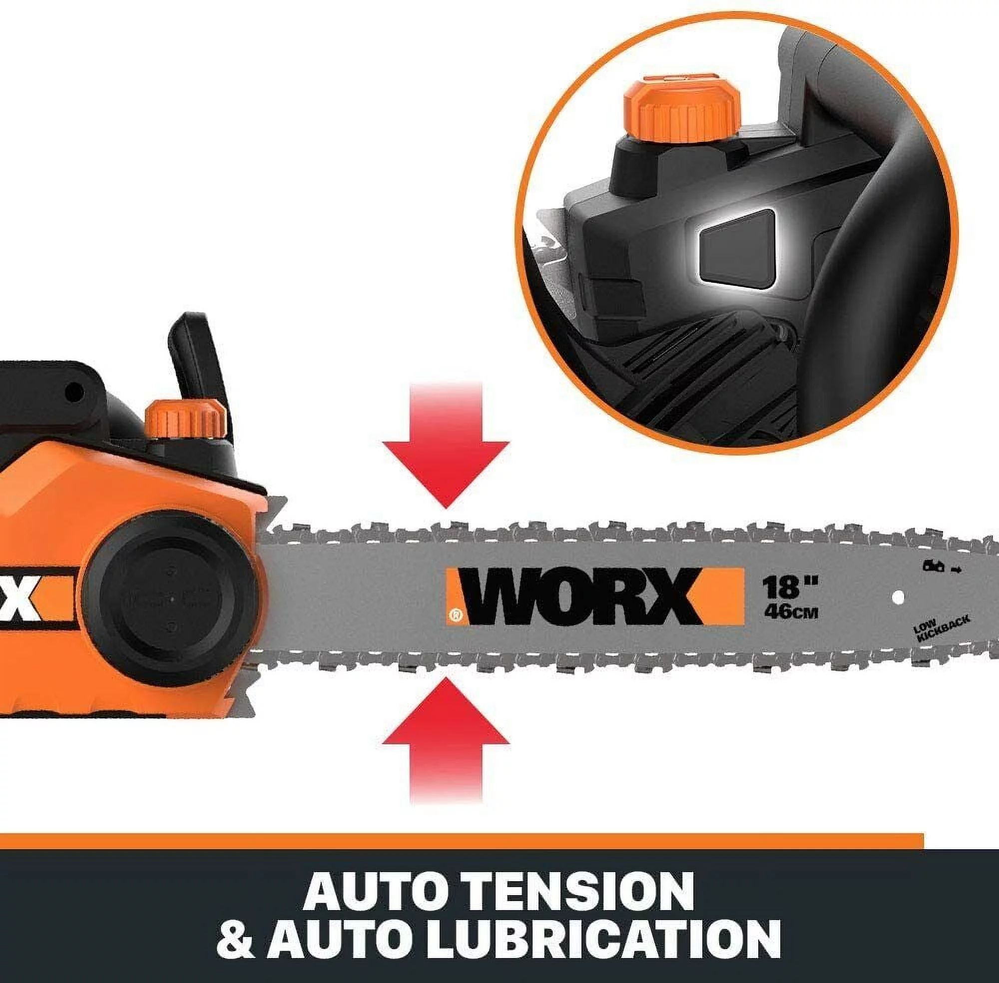 Worx WG304.2 18in 15 Amp Electric Chainsaw with Auto-Tension, Chain Brake - Womvr