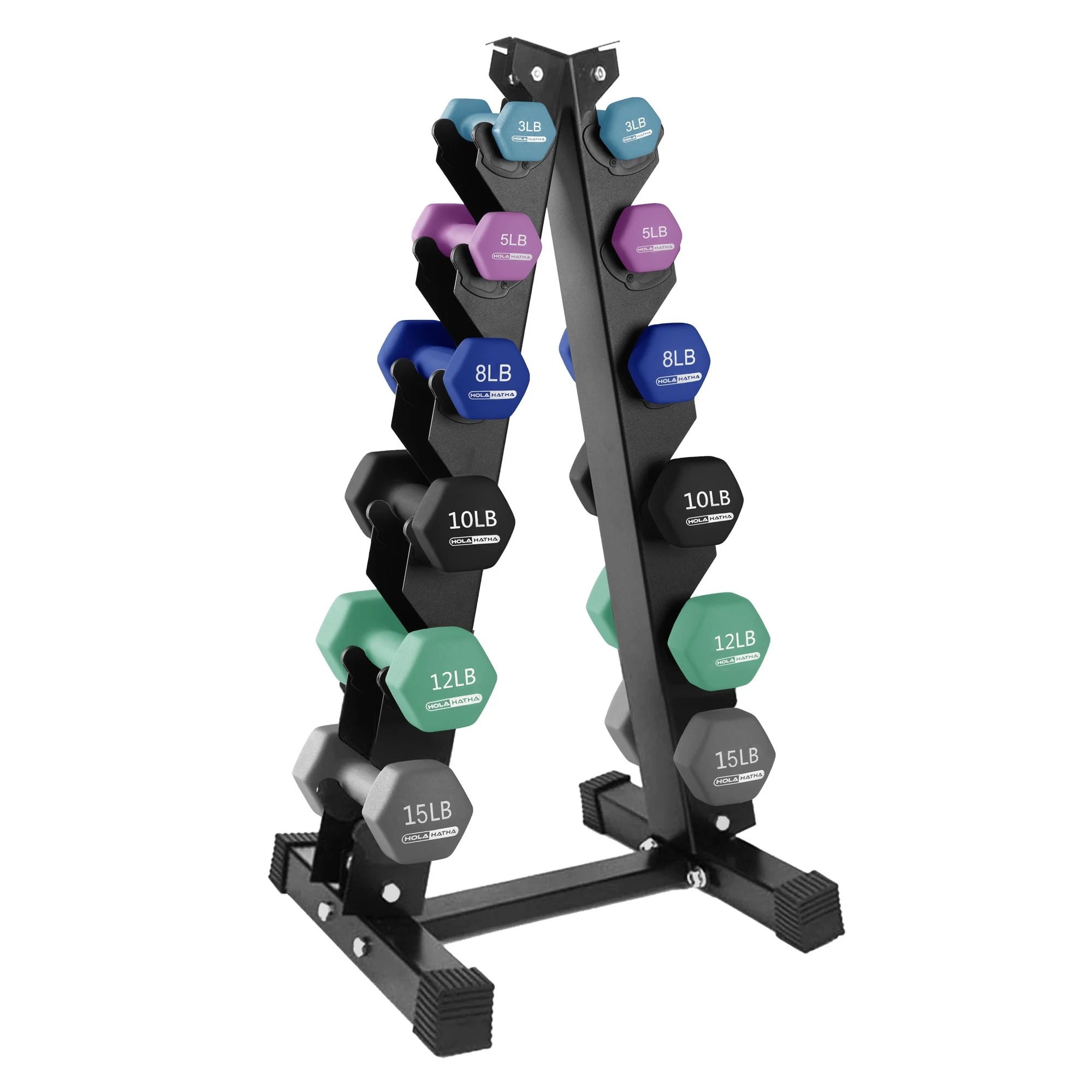 HolaHatha 3, 5, 8, 10, 12 & 15 Pound Neoprene Dumbbell Weight Set with Rack - Womvr