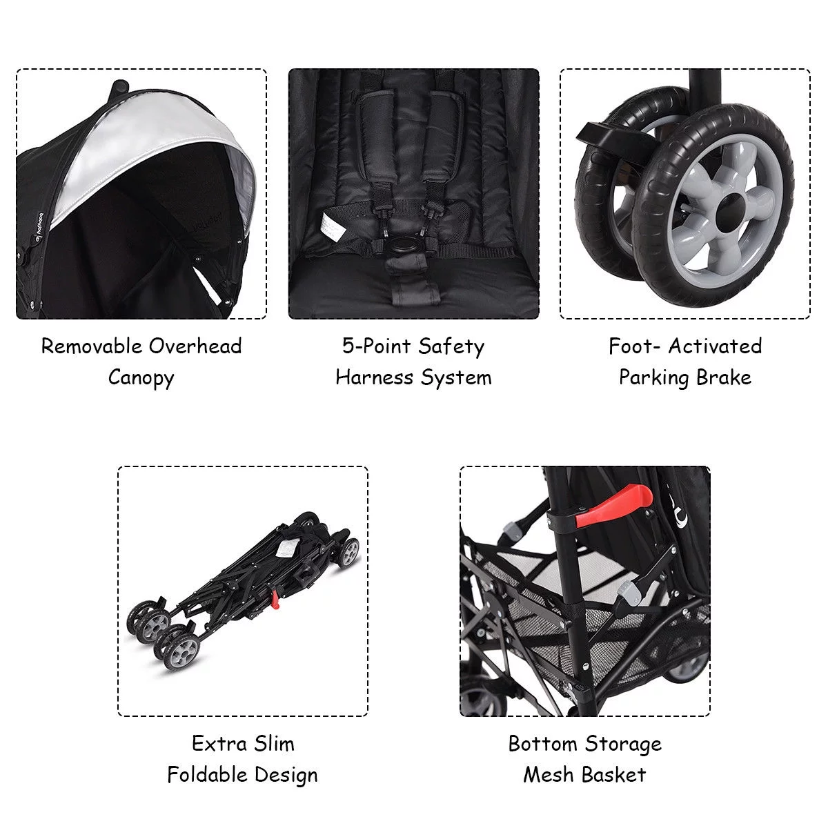 Costway Folding Lightweight Baby Toddler Umbrella Travel Stroller with Storage Basket Black - Womvr