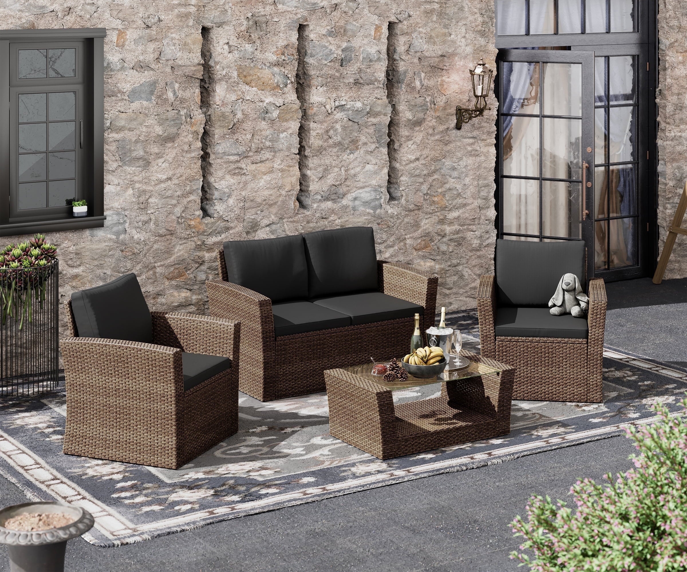 Bifanuo 4-Piece Patio Furniture Set Outdoor Rattan Wicker Sofa Set with Cushions & Coffee Table, Conversation Sofa Set with Tempered Glass Table Top - Womvr