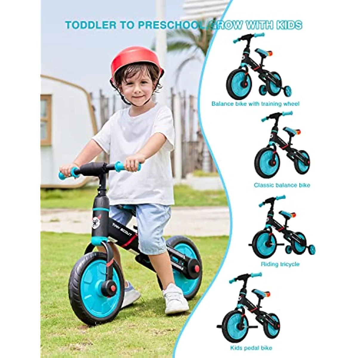 Ubravoo 4-in-1 Tiny Scout Balance Bike for Kids from 3 4 5 Years, Rear Double Rod,Blue - Womvr