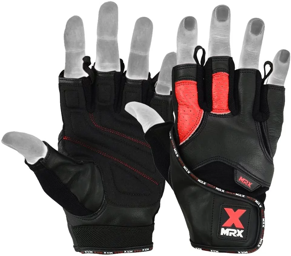 MRX Weight Lifting Gloves Gym Power Training Fitness Bodybuilding Glove Long Wrist Strap Black / Red M - Womvr