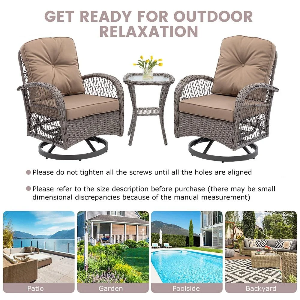 3 Piece Outdoor Bistro Swivel Chairs Set, Patio Bistro Set w/ 360° Swivel Rocking Chairs & Table, All-Weather Conversation Set with Metal Frame for Patio Backyard Porches or Garden - Khaki - Womvr