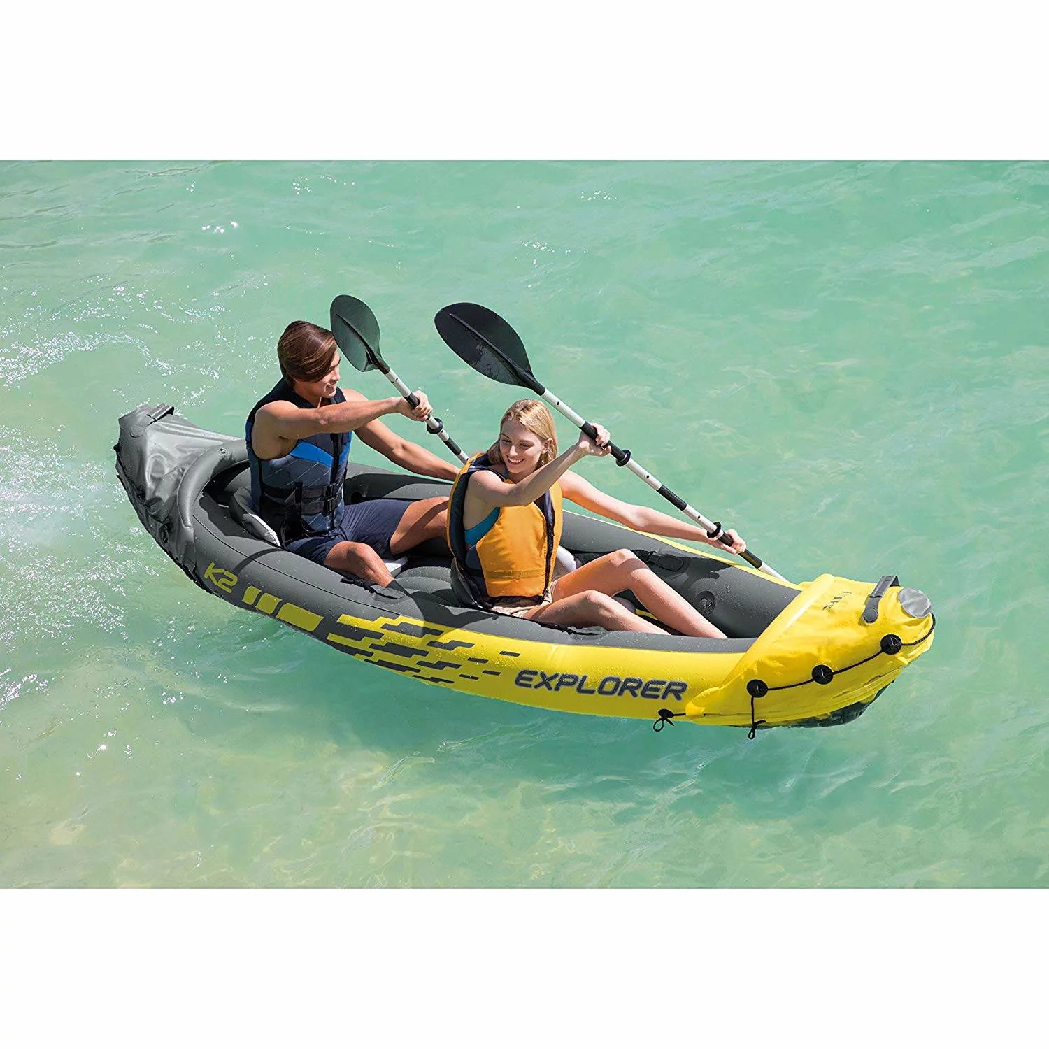 Intex Explorer K2 Yellow 2 Person Inflatable Kayak with Aluminum Oars & Air Pump - Womvr