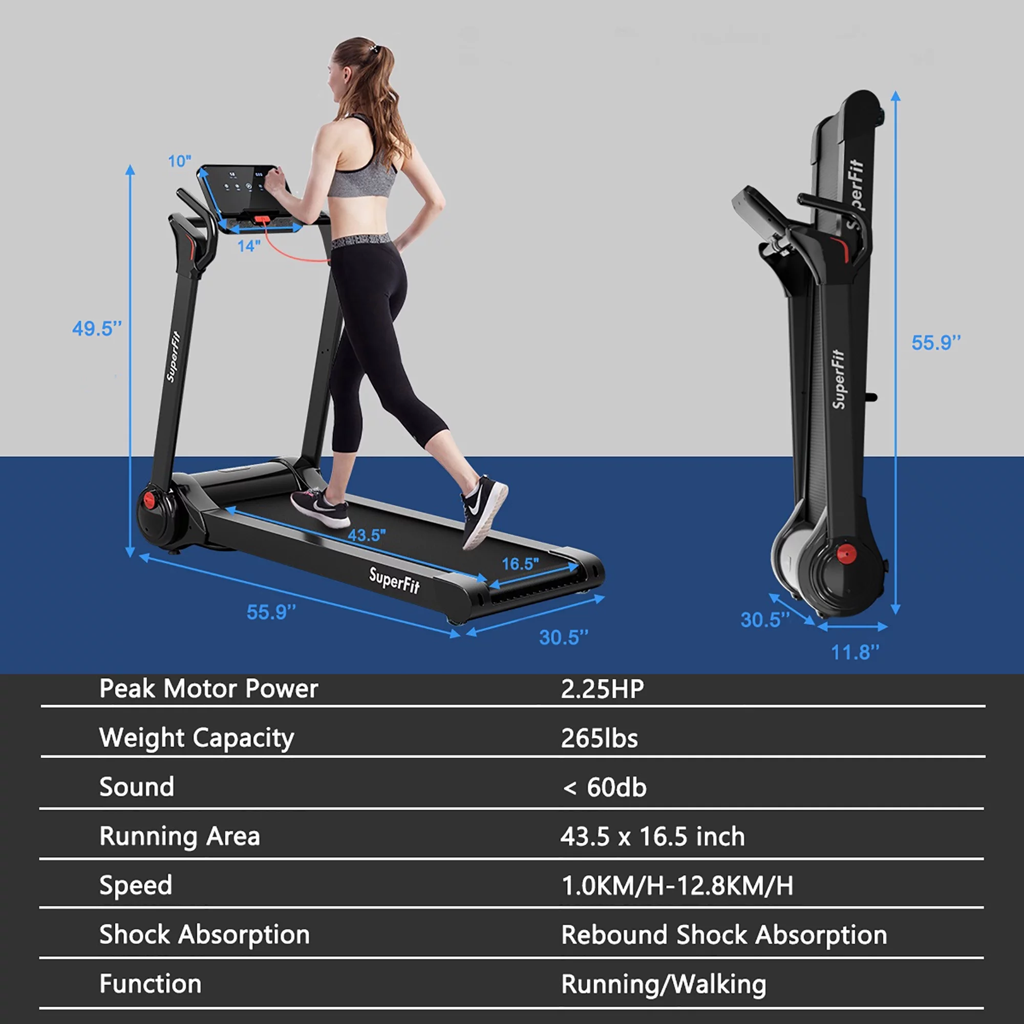SuperFit 2.25HP Folding Electric Motorized Treadmill With Speaker - Womvr