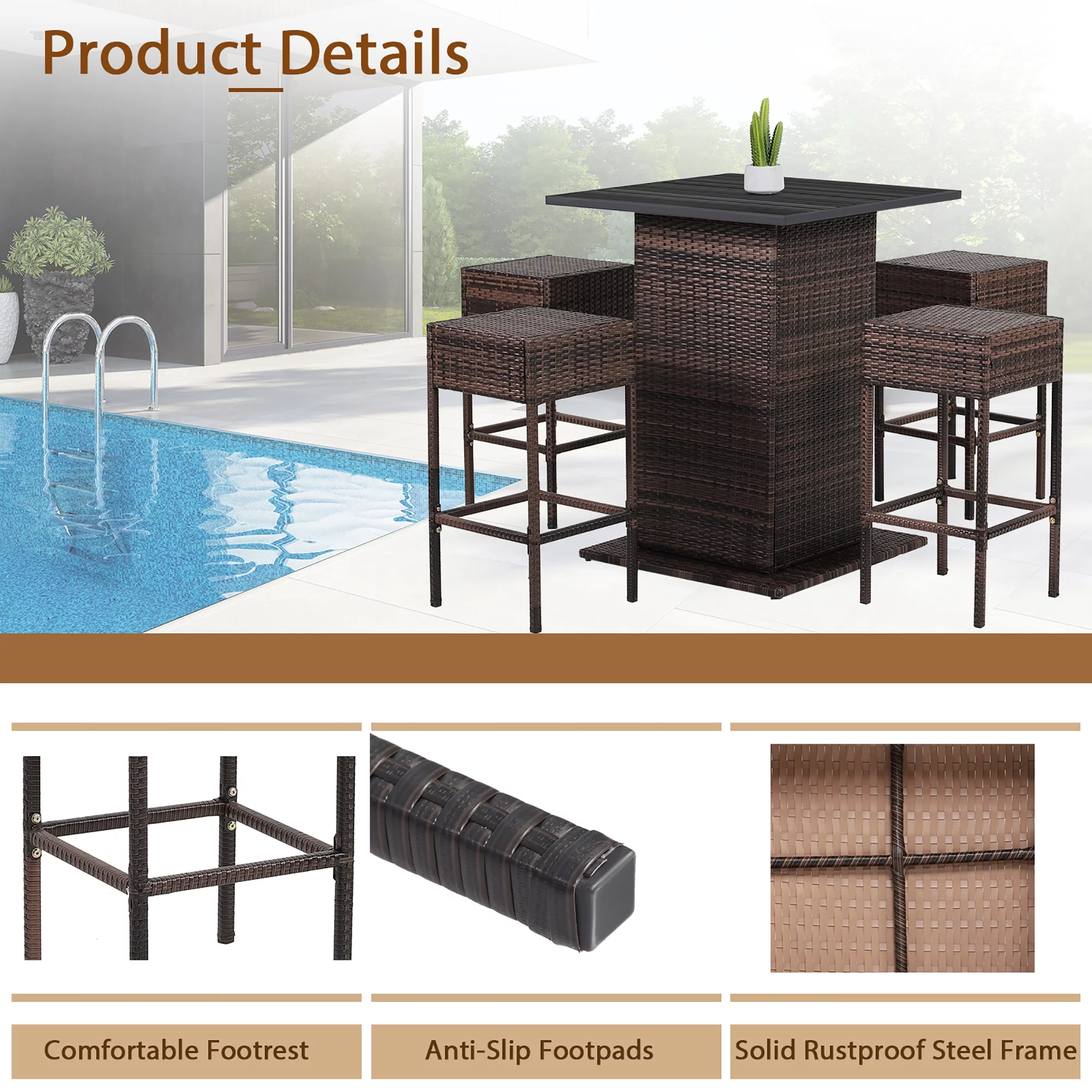 Gymax 5PCS Patio Bar Set Rattan Bar Furniture Set w/ Table & 4 Cushioned Stools Navy - Womvr