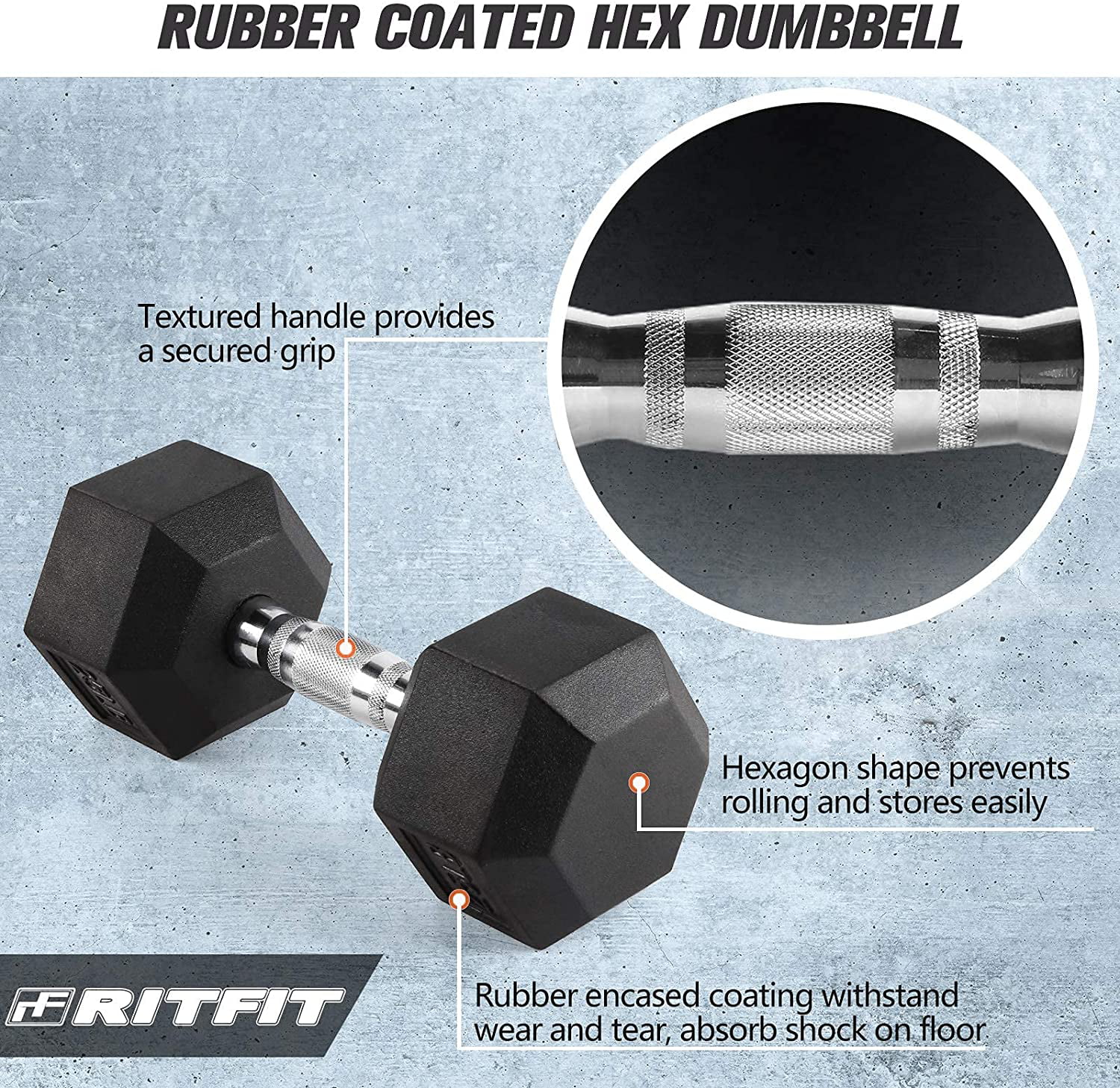 RitFit Rubber Hex Dumbbell Weight 5-60 Lbs. with Metal Handle for Strength Training, Full Body Functional Workouts - Womvr