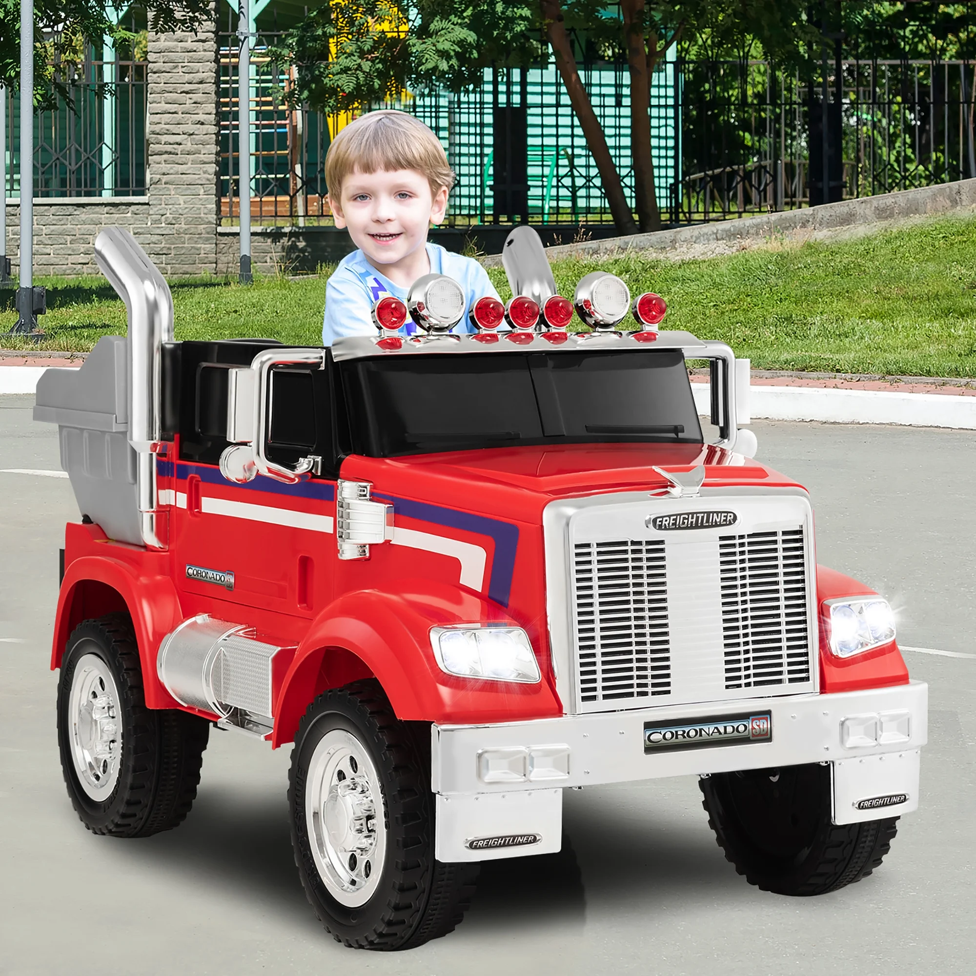 Costway 12V Licensed Freightliner Kids Ride On Truck Car RC w/ Dump Box & Lights Red - Womvr
