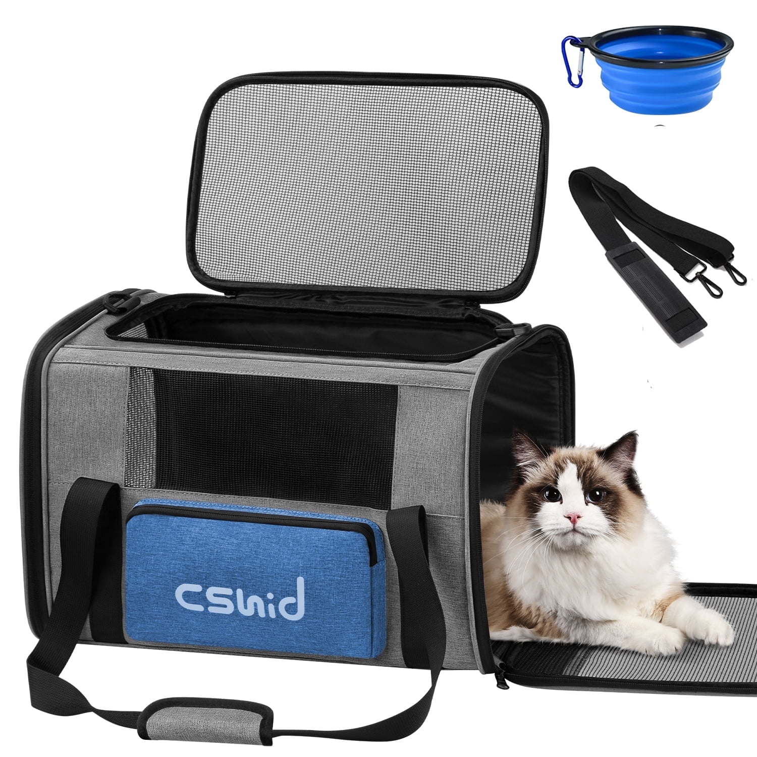 Cat Carrier, Soft Sided Cat Carriers for Large Small Medium Dogs Cats Under 25lbs, Foldable Pet Travel Carrier with a Bowl/Washable Pad, TSA Airline Approved, Blue - Womvr