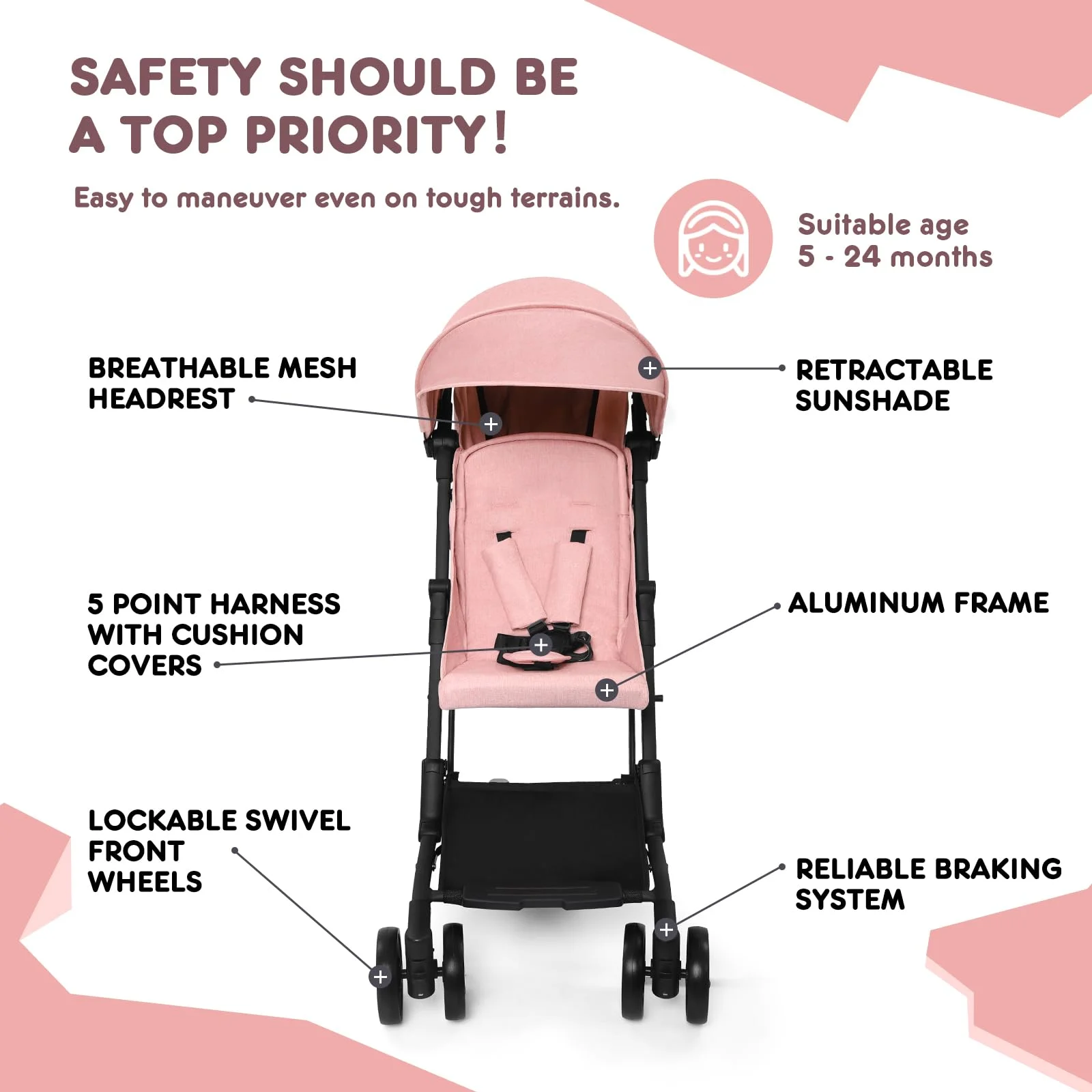 HARPPA Lightweight Travel Stroller, Compact Umbrella Stroller for Babies, Easy Folding, Black - Womvr