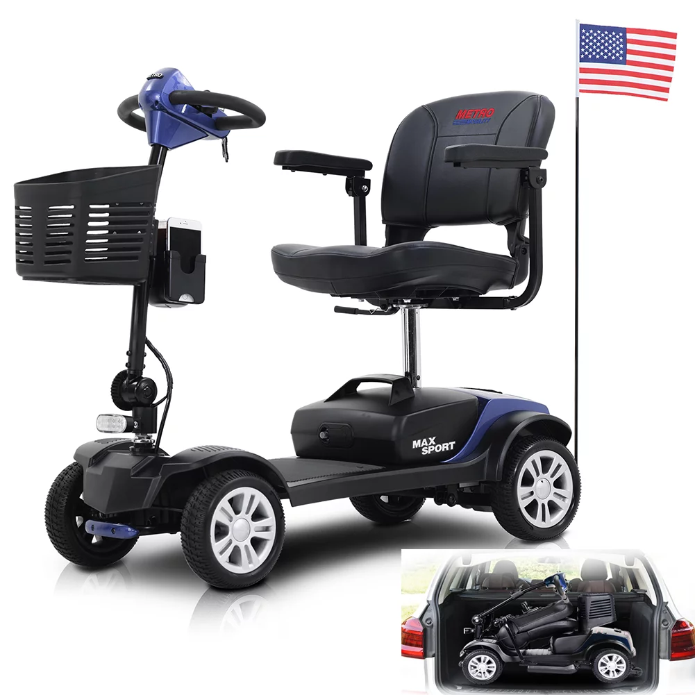 4 Wheel Mobility Scooter for Seniors, Outdoor Compact Mobility Scooter for Adults with Phone Holder and Cup Holder, 300 LBS Max Weight, Collapsible & Compact for Travel with Family, Blue - Womvr