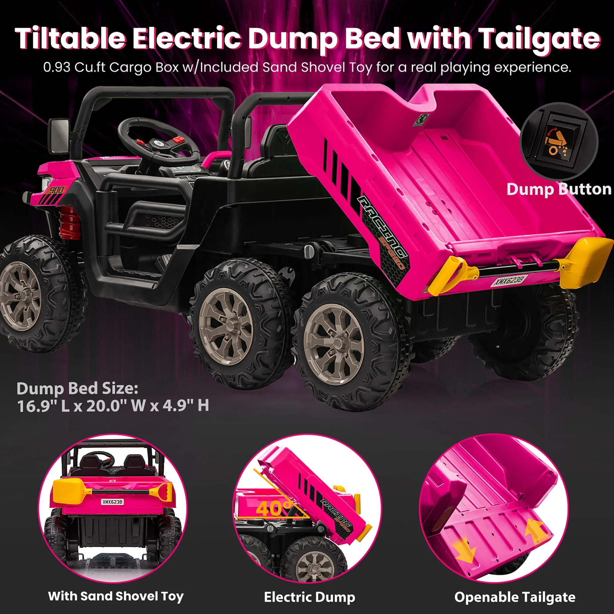 Joyracer 24V Ride on Toys, 2 Seater 6-Wheel UTV Car, 4WD Ride on Dump Truck for Big Kids with Trailer Remote Control, Black - Womvr