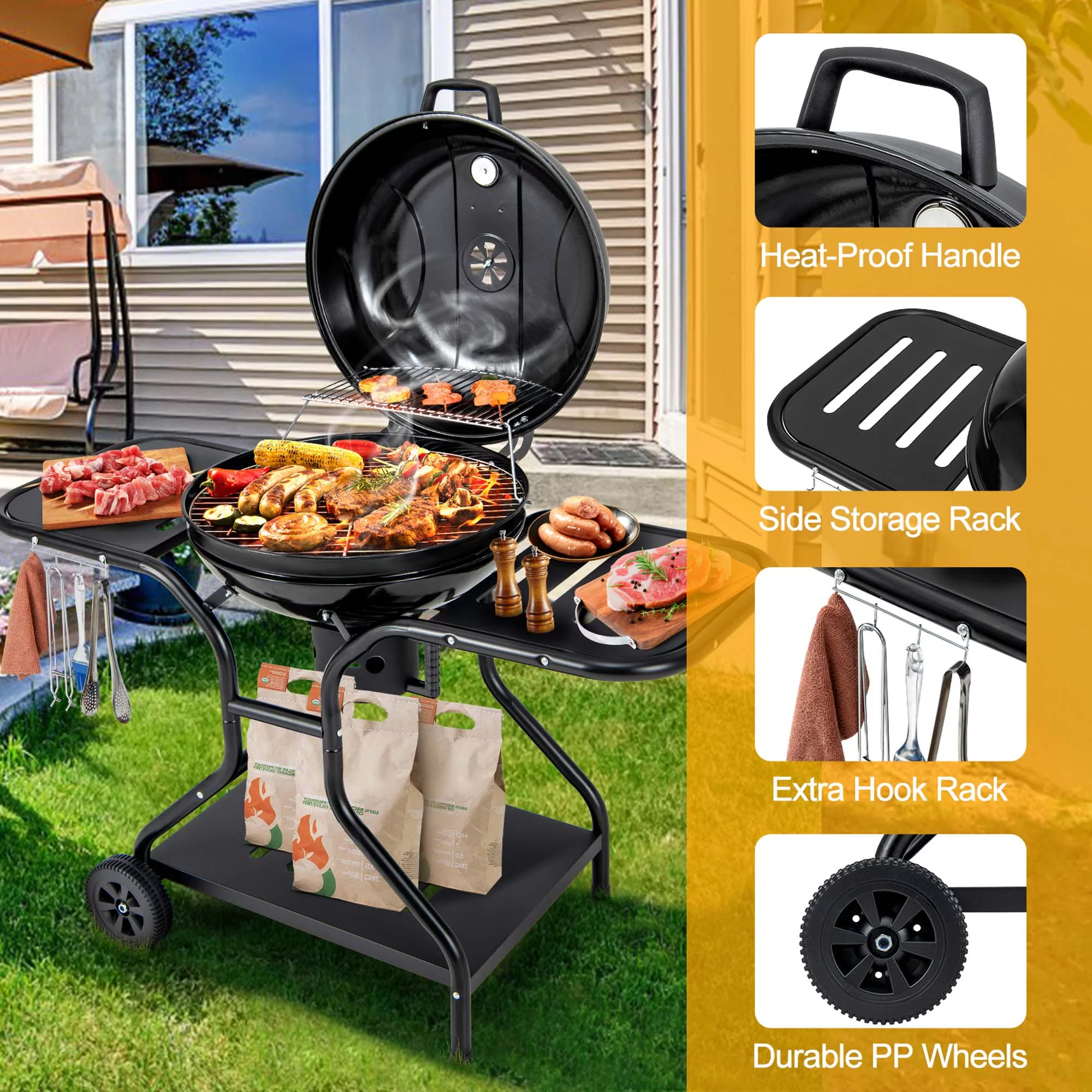 Costway 22 inch Charcoal BBQ Grill with Built-In Thermometer Wheels Side & Bottom Shelves - Womvr