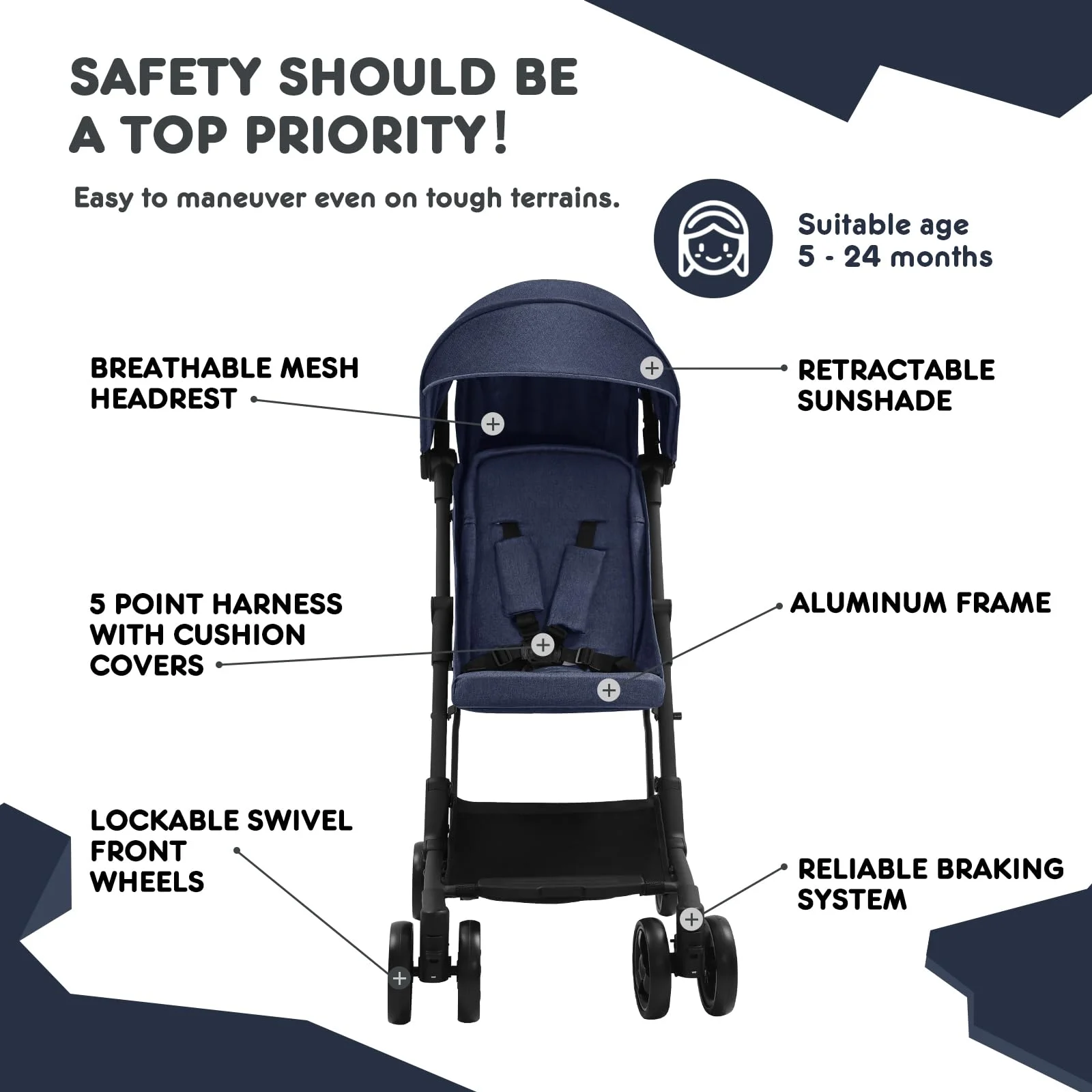 HARPPA Lightweight Travel Stroller, Compact Umbrella Stroller for Babies, Easy Folding, Black - Womvr