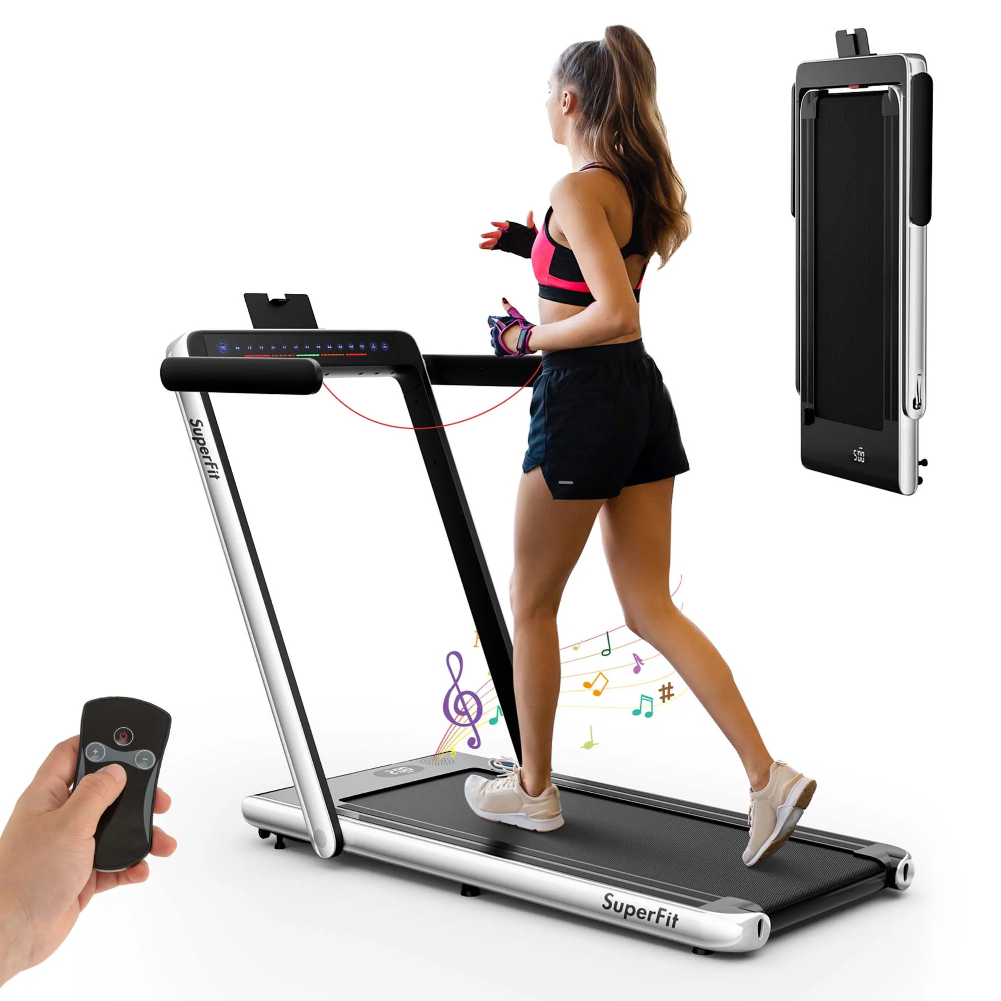 SuperFit Up To 7.5MPH 2.25HP 2 in 1 Dual Display Screen Folding Treadmill Jogging Machine W/APP Control Silver - Womvr