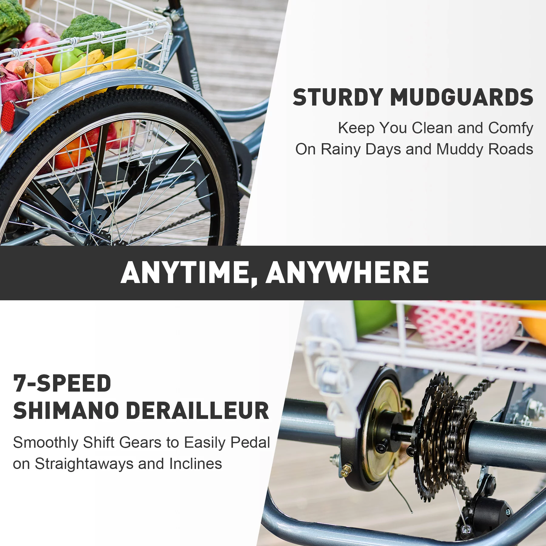 VIRIBUS 24 Inch Adult Trike 7 Speed Bike w Adjustable Seat 2 Baskets Matte Gray - Womvr