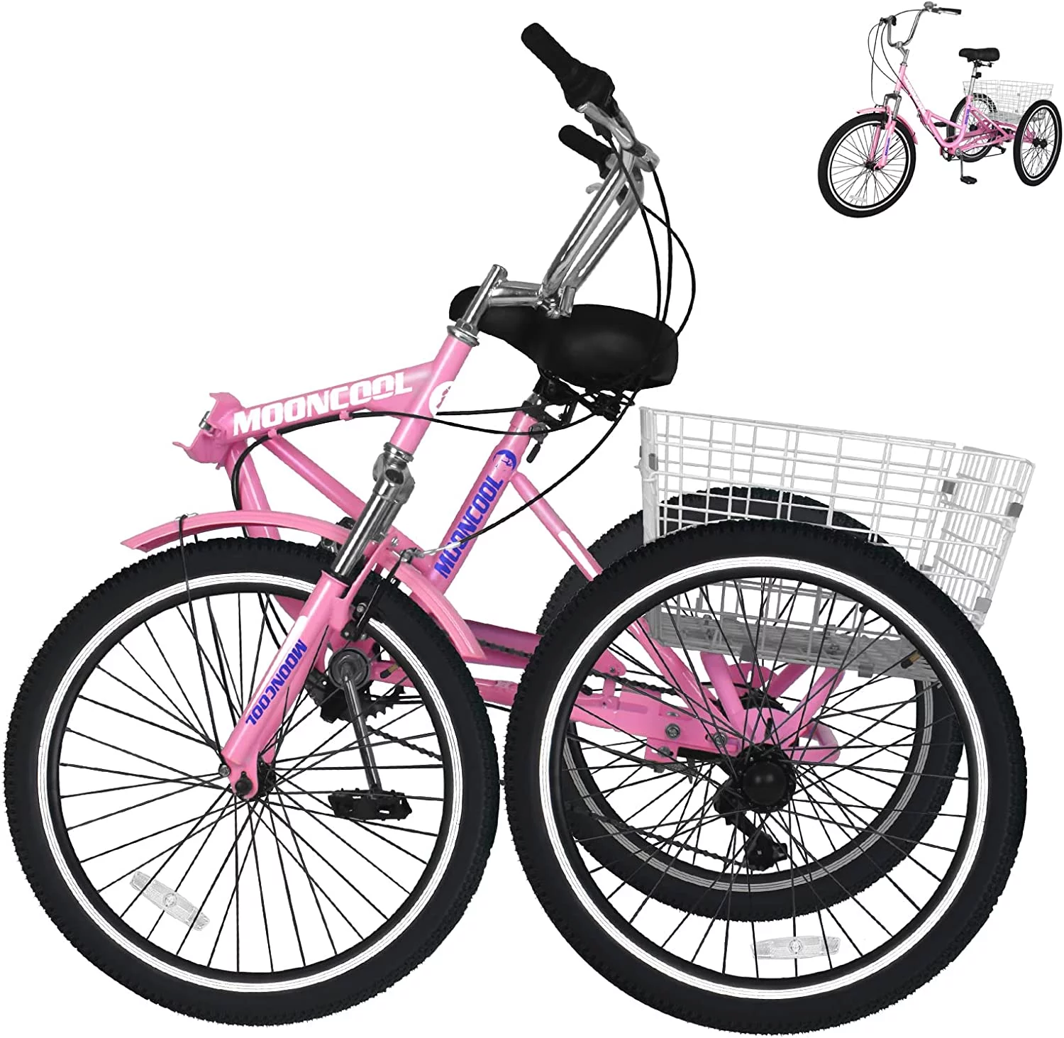 MOONCOOL Adult Folding Tricycle, 7 Speed 20/24/26 inch Adult Tricycles, Three Wheel Bike Cruiser Trike with Large Basket - Womvr