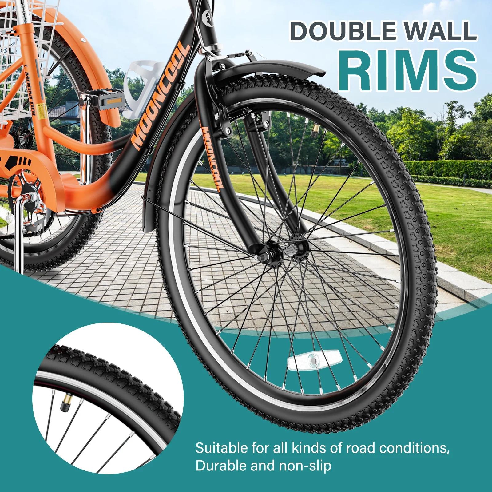 MOPHOTO Adult Tricycle for Seniors (Cyan, 26inch /7-Speed), Low Frame Three Wheel Bikes with Large Basket & Bell, 3 Wheel Cargo Bicycle, Safe and Durable Trike - Womvr