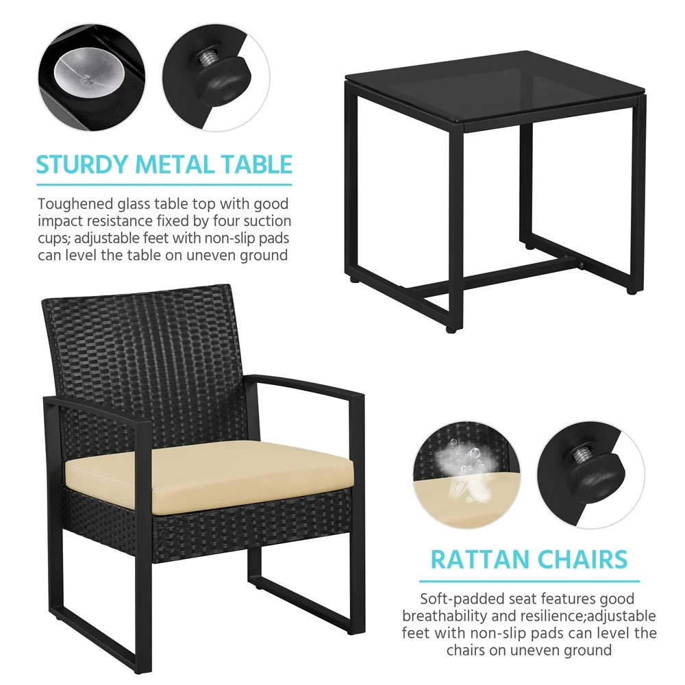 Yaheetech Modern 3-piece Patio Rattan Chairs & Table Set with Cushions, Black/Gray - Womvr