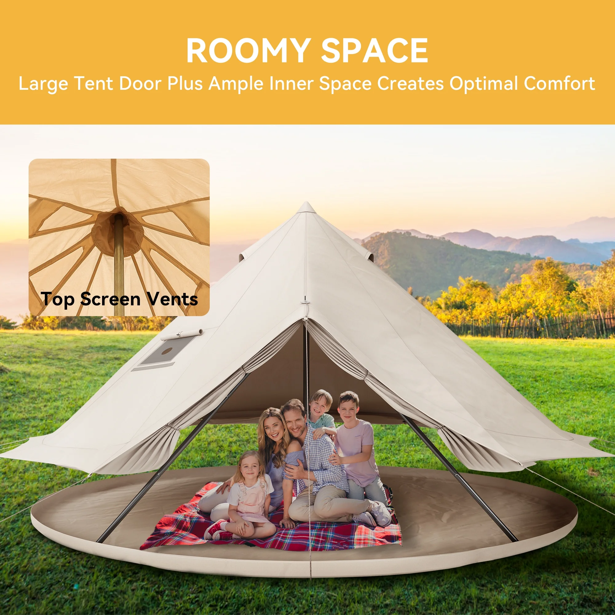 Dextrus Camping Tent 4 Seasons Glamping Bell Tent Waterproof with Stove Jacks & 4 Breathable Windows Cotton for Outdoor Family Party, Camping, Picnic, Barbecue - Womvr