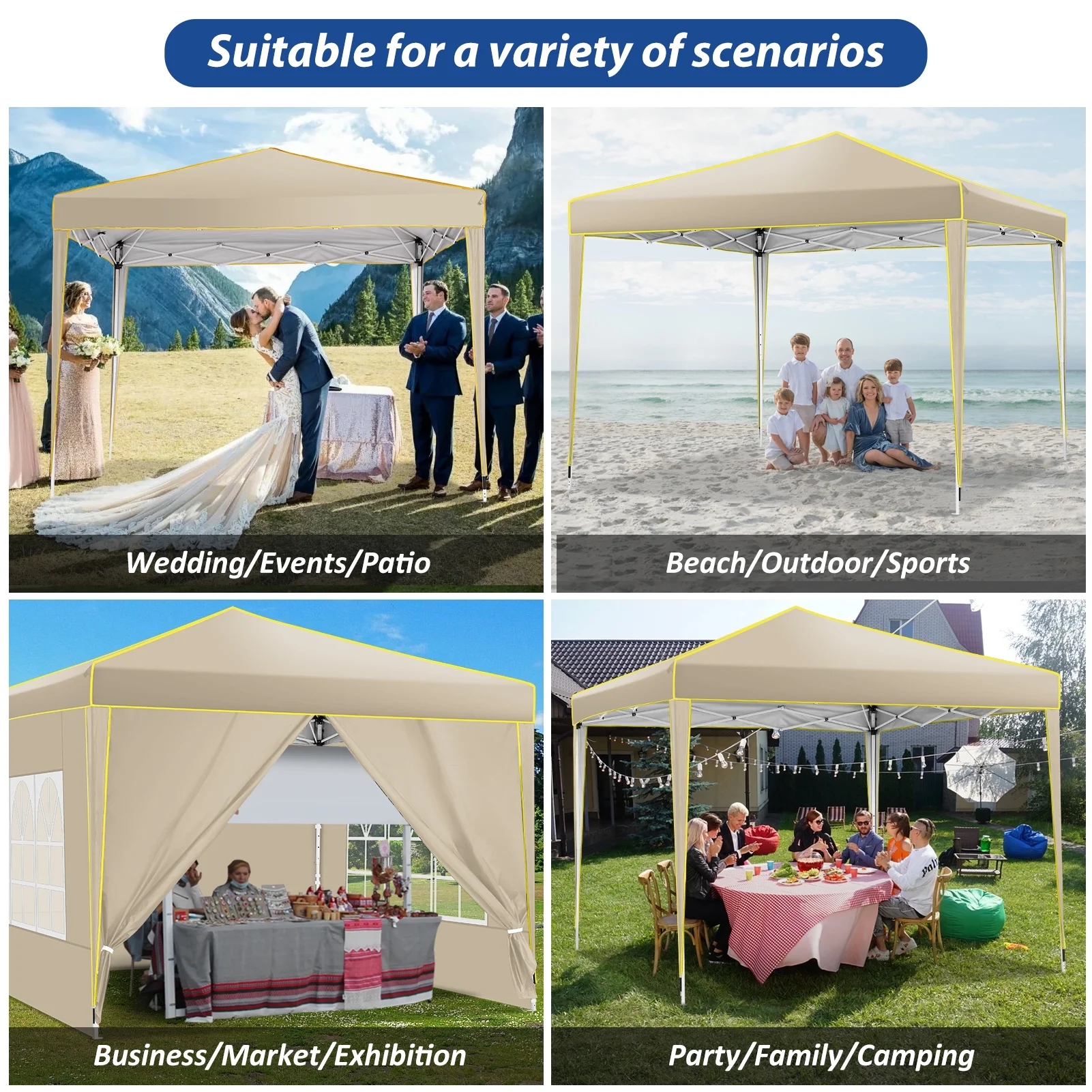 SANOPY 10' x 10' Pop up Canopy, UV and Rain Resistant Canopy Shelter with 4 Removable Sidewalls and Sandbags, Outdoor Canopy with Carry Bag for Grass, Beach and Camping - Womvr