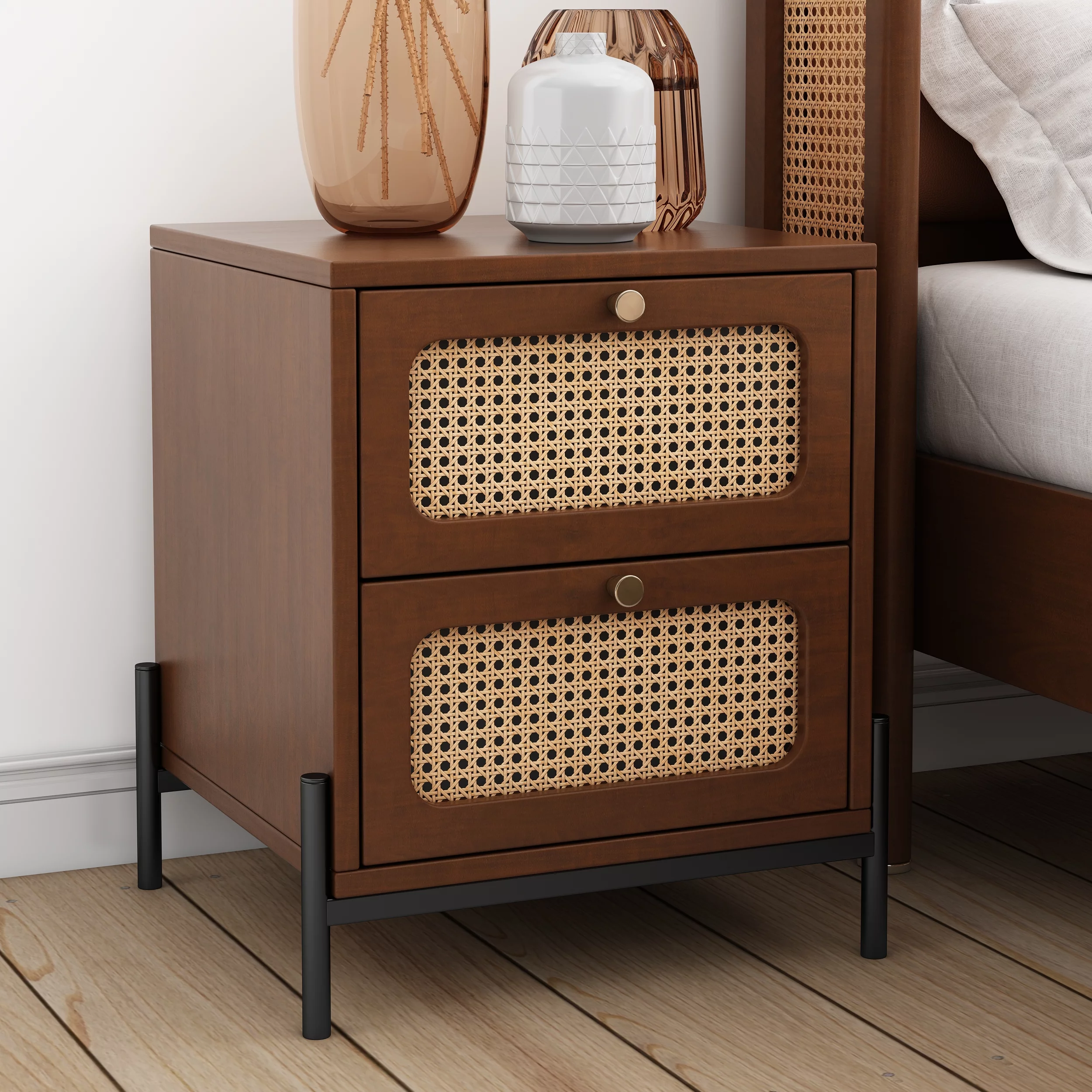 Modern Cannage Rattan Wood Closet 2-Drawer Side Table End Table Nightstand for Bedroom, Living Room, Entryway, Hallway, Walnut - Womvr