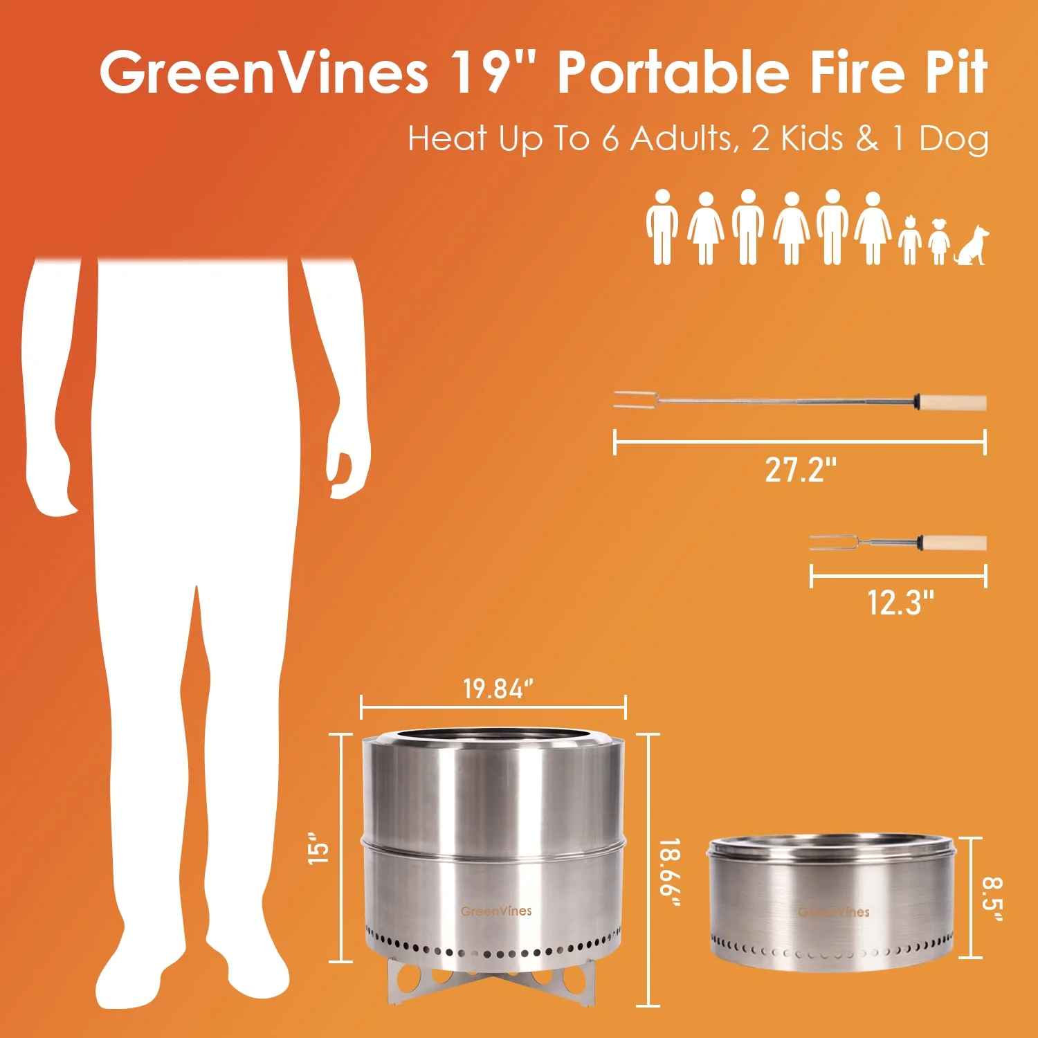 Smokeless Fire Pit for Camping with Stand & Bag & Sticks & Holders,304 Stainless Steel,15inch - Womvr