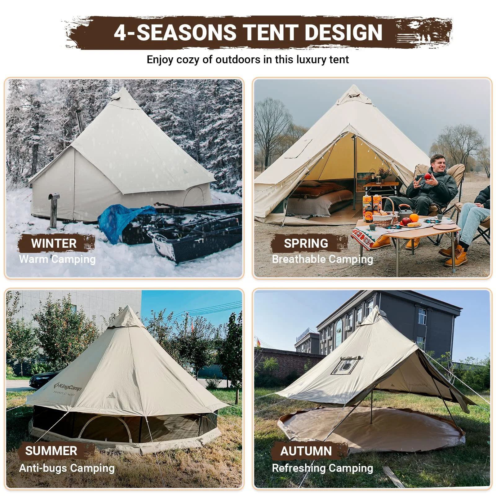 KingCamp Khan Canvas Bell Tent for Camping, 4 Seasons 16.4FT Canvas Yurt Tent with Stove Jack Hole, 8-People Luxury Glamping Tent for Family Camping Outdoor Hunting Party, White - Womvr