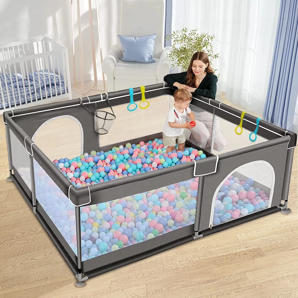Baby Playpen, 36x36x27inch Portable Soft Mesh Sturdy Pipe Ample Space for Toddler, Gray - Womvr