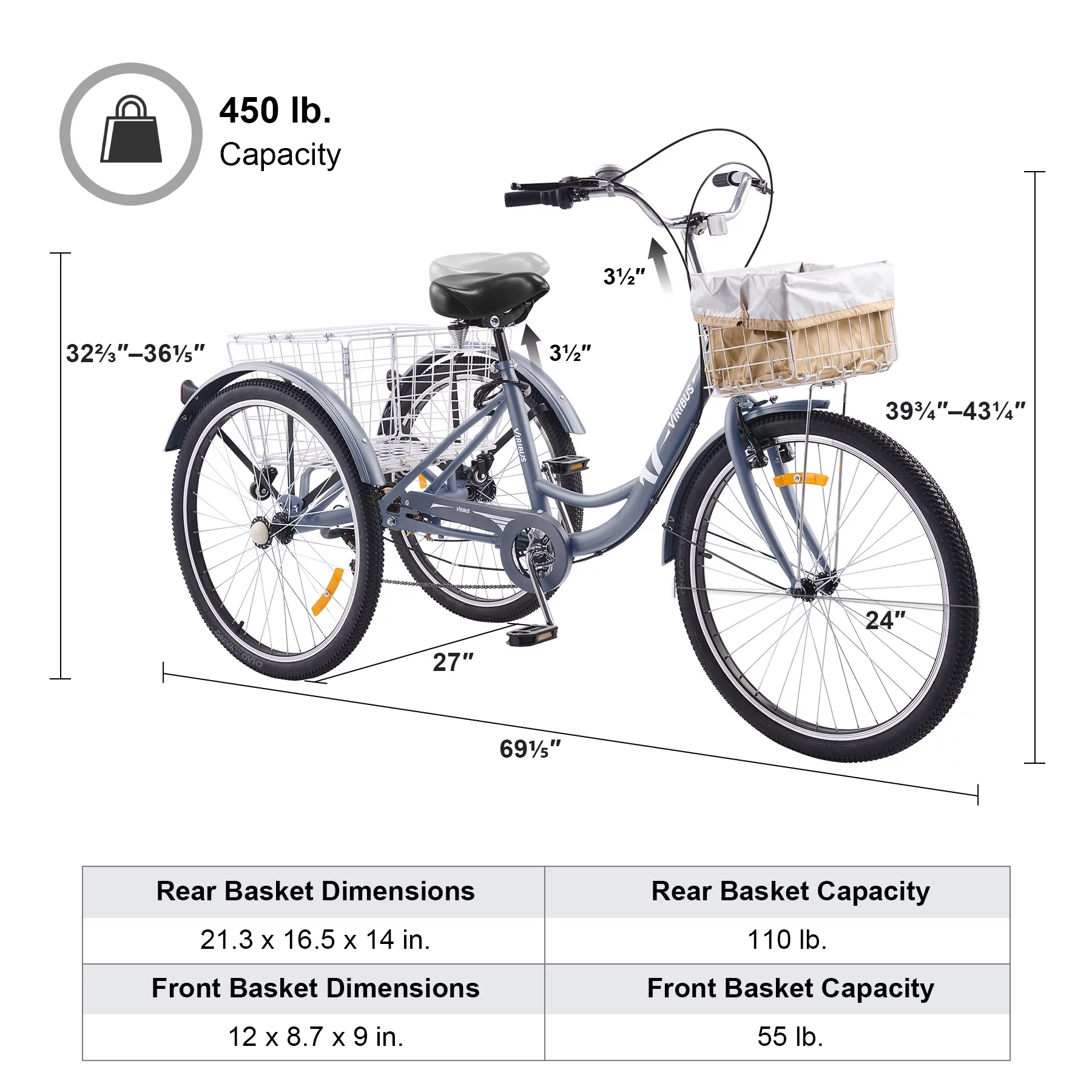 VIRIBUS 24 Inch Adult Trike 7 Speed Bike w Adjustable Seat 2 Baskets Matte Gray - Womvr