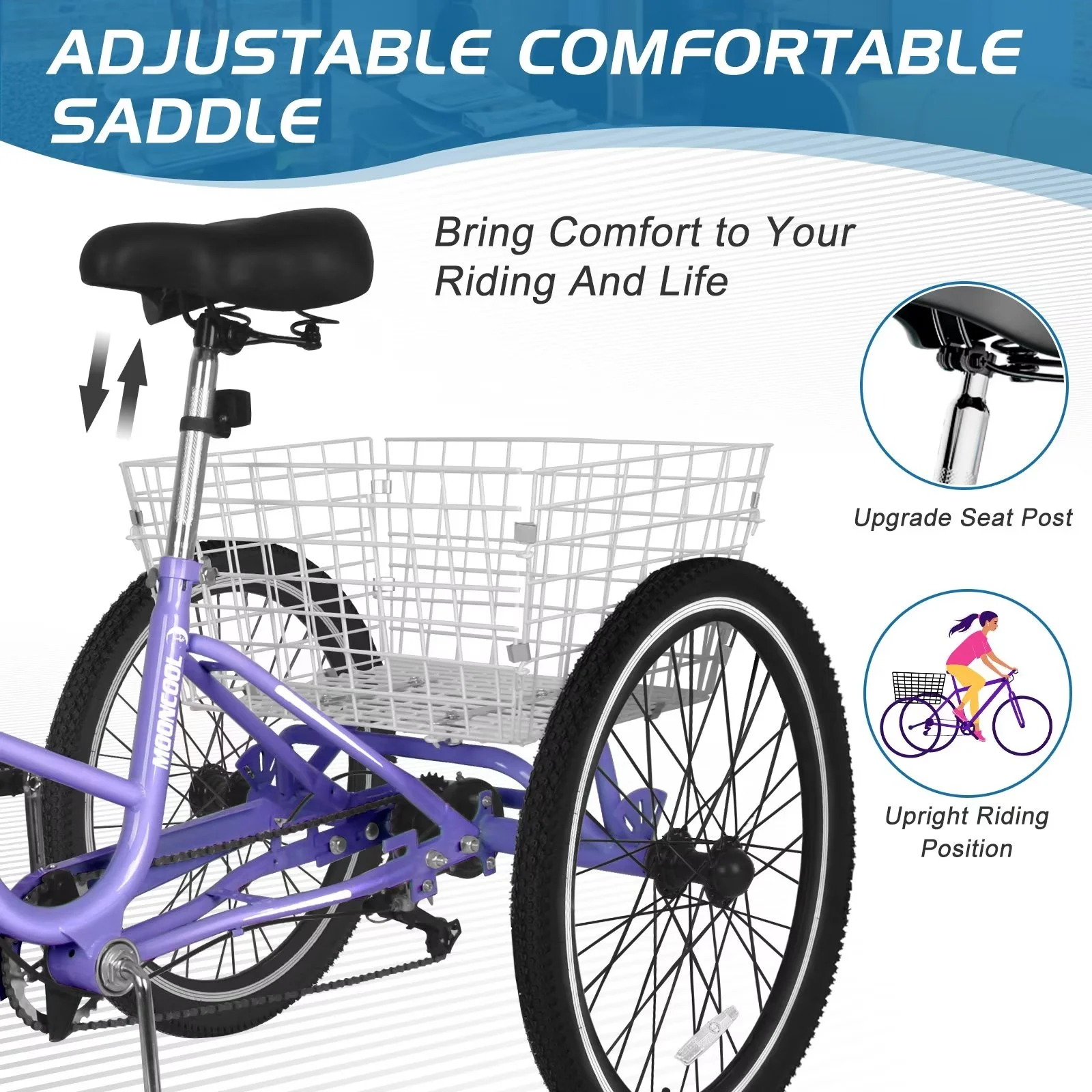MOPHOTO 20/24/26 inch Adult Tricycle Folding 3 Wheel Cruiser Bikes 7 Speed, Portable and Foldable Trikes with Cargo Basket for Men & Women Outdoor Cycling, Purple - Womvr