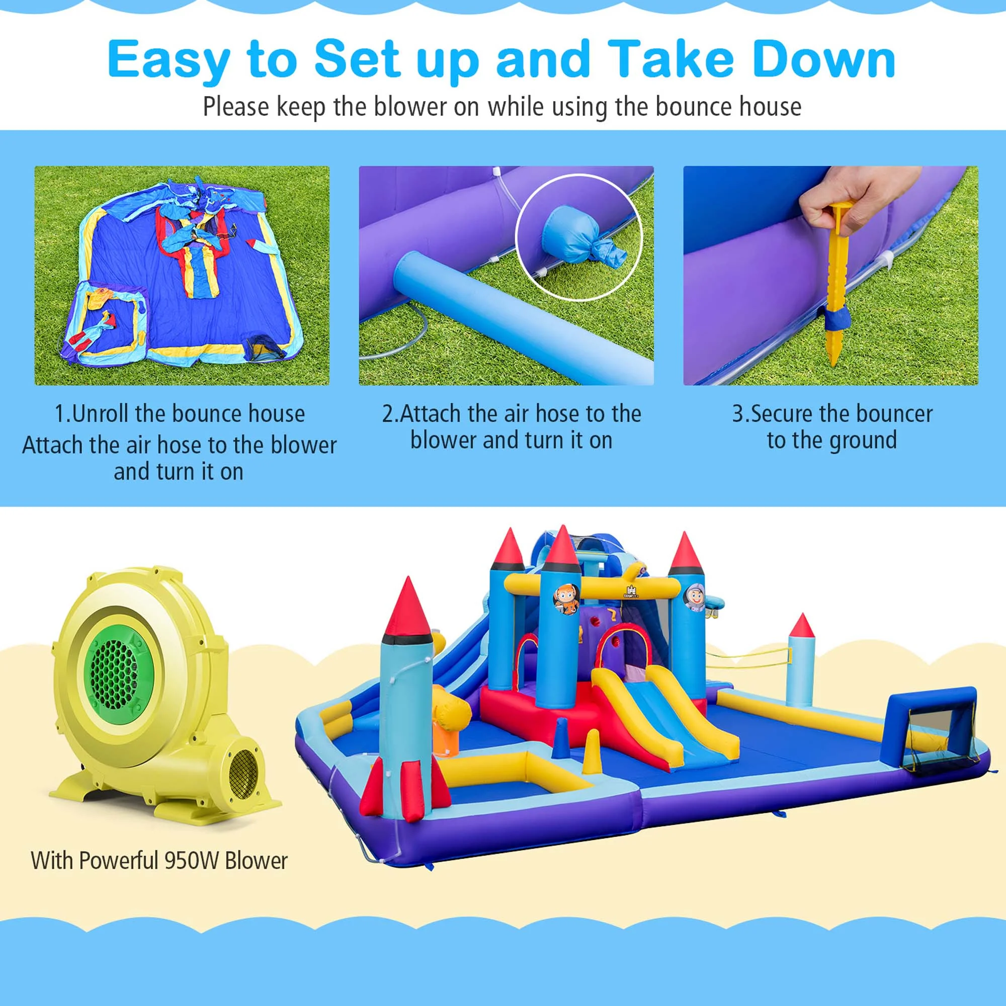 Costway Rocket Theme Inflatable Water Slide Park with 2 Slides Splash Pool without Blower - Womvr